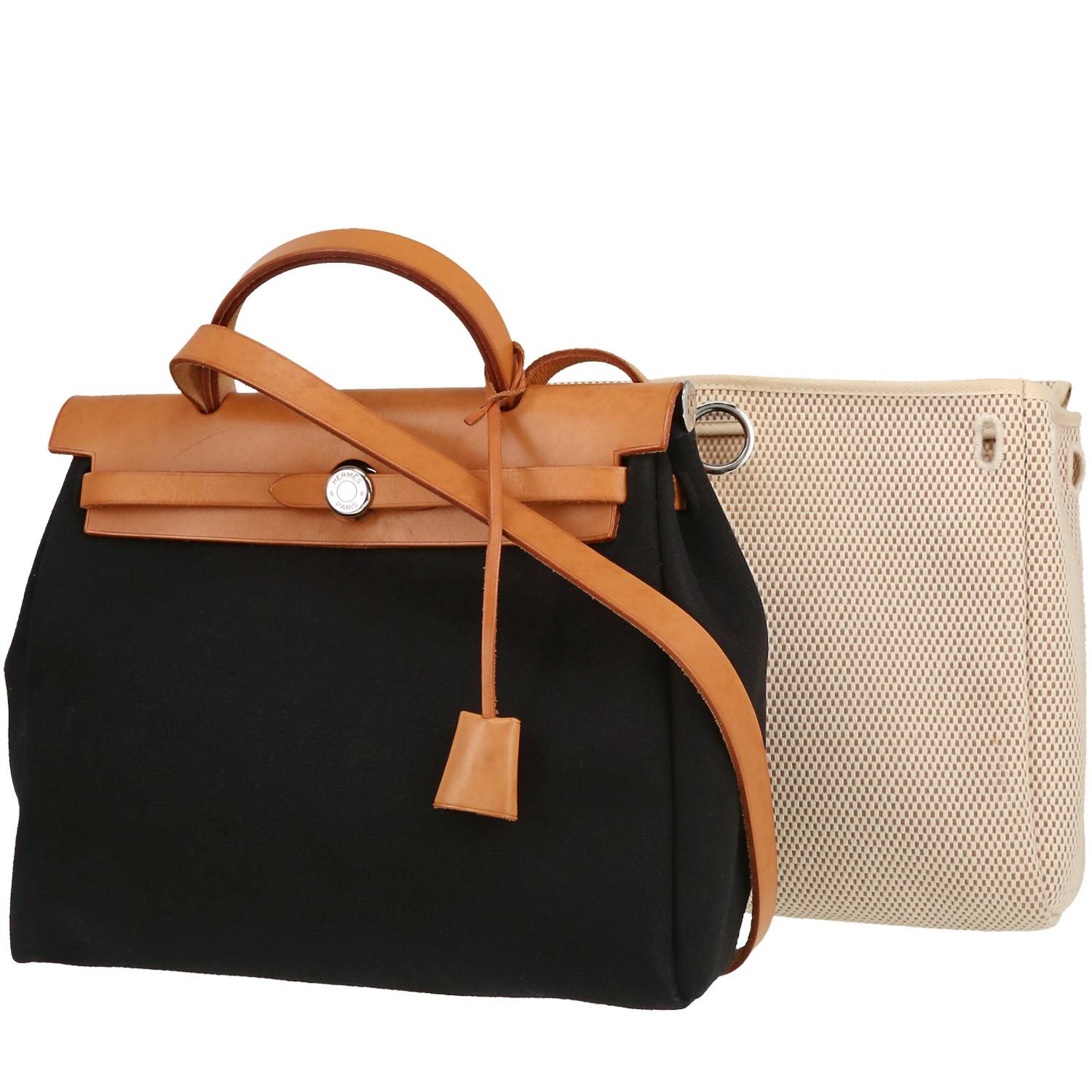 Herbag Handbag In Black Canvas And Natural Leather