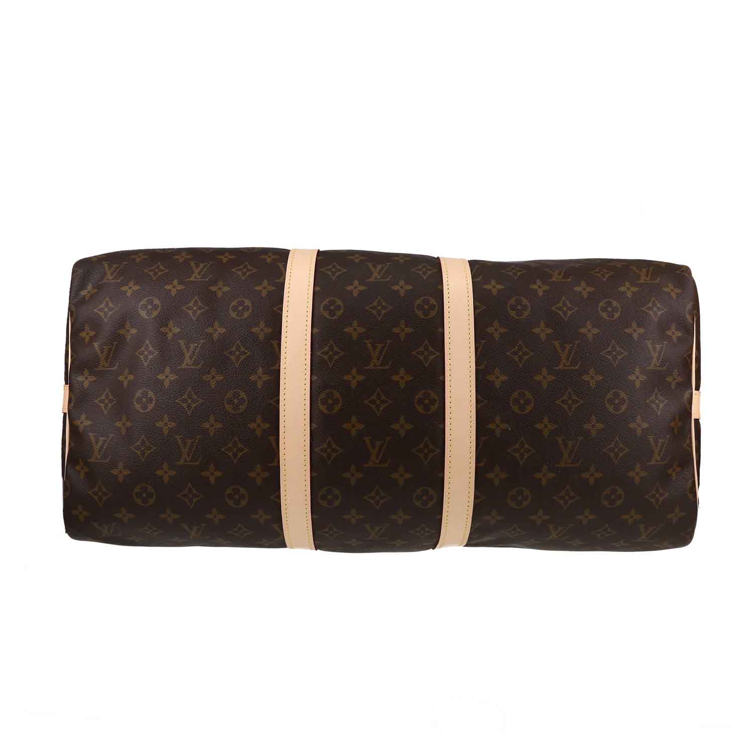 Bolsa de viaje Louis Vuitton  Keepall 55 en lona Monogram marrón y cuero natural - Detail D1