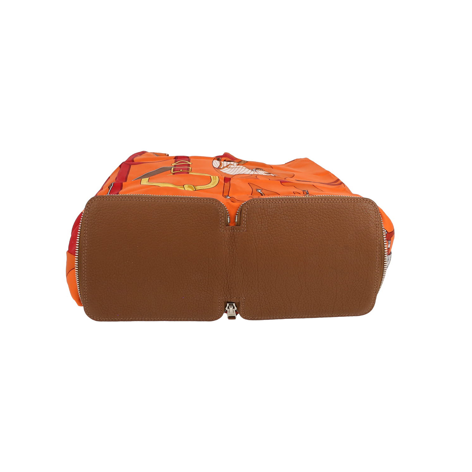 Hermès  Silky Pop - Shop Bag shopping bag  in orange printed canvas  and brown togo leather - Detail D1