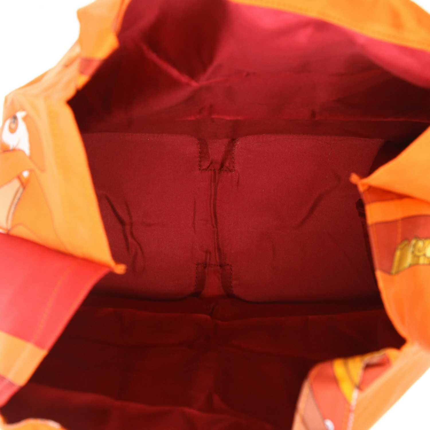 Sac cabas Hermès  Silky Pop - Shop Bag en toile imprimée orange et cuir togo marron - Detail D3