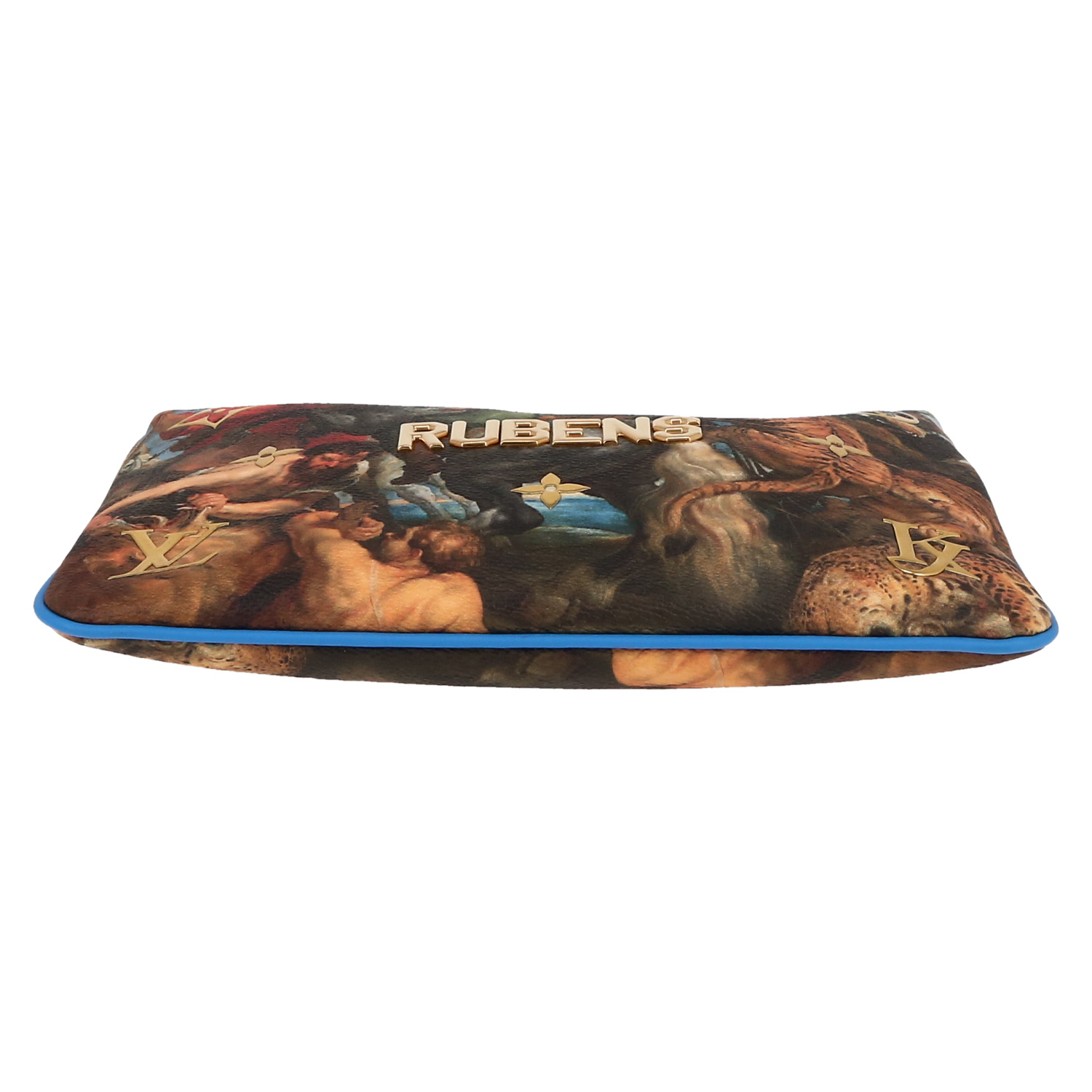 Louis Vuitton  Editions Limitées Jeff Koons Rubens pouch  in beige printed canvas  and blue leather - Detail D1