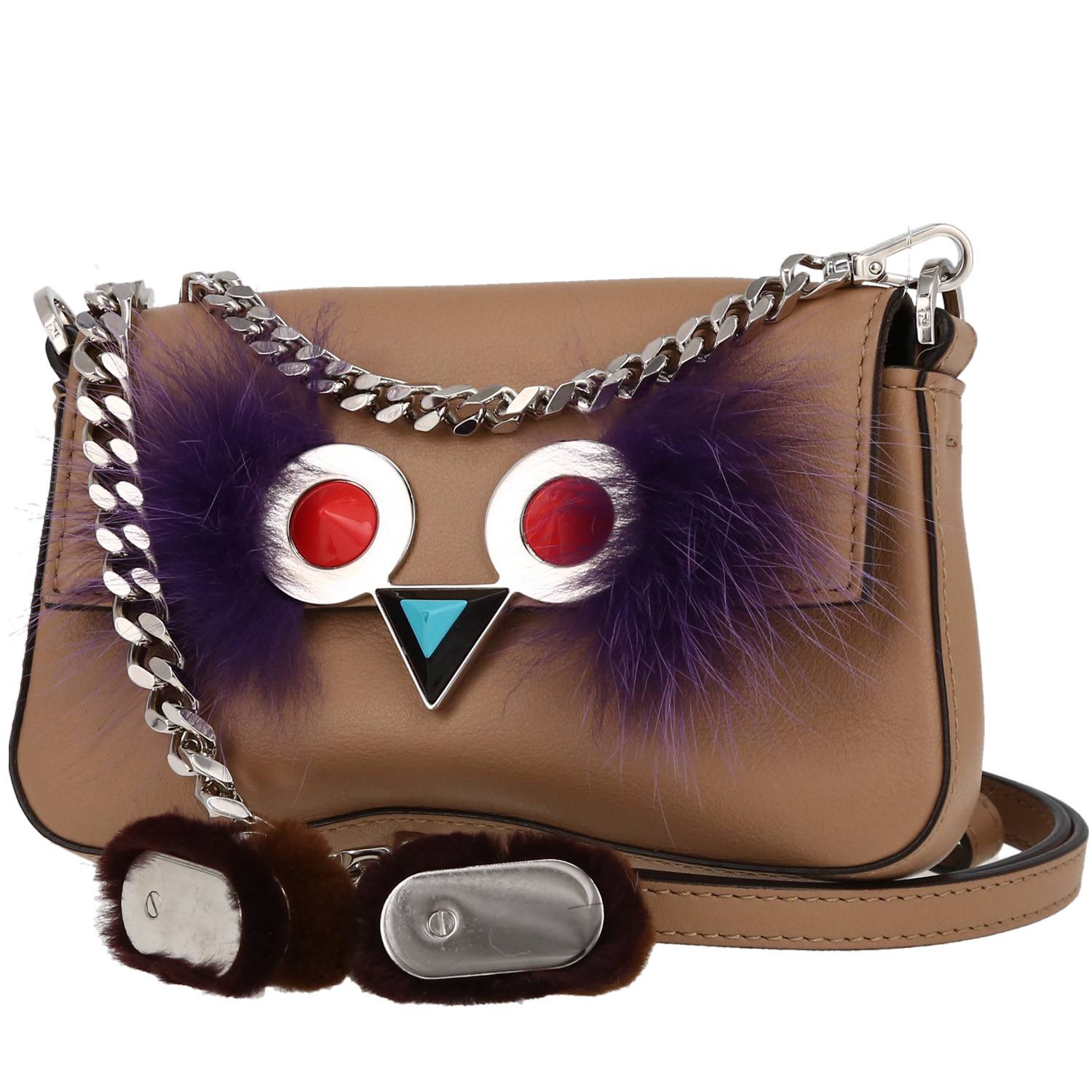 Fendi shoulder bag in beige leather and purple synthetic furr