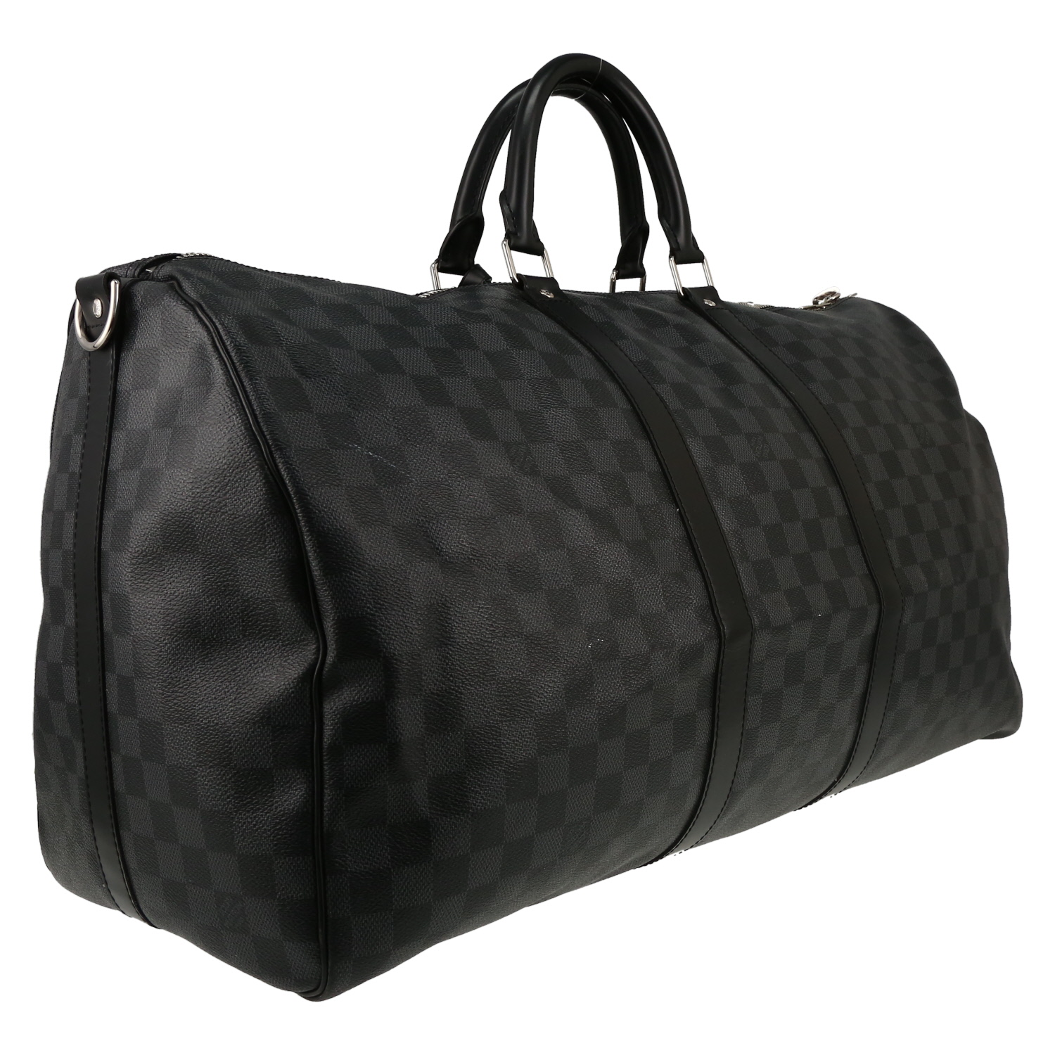 Borsa da viaggio Louis Vuitton  Keepall 55 in tela a scacchi grigio Graphite e pelle nera - Detail D3