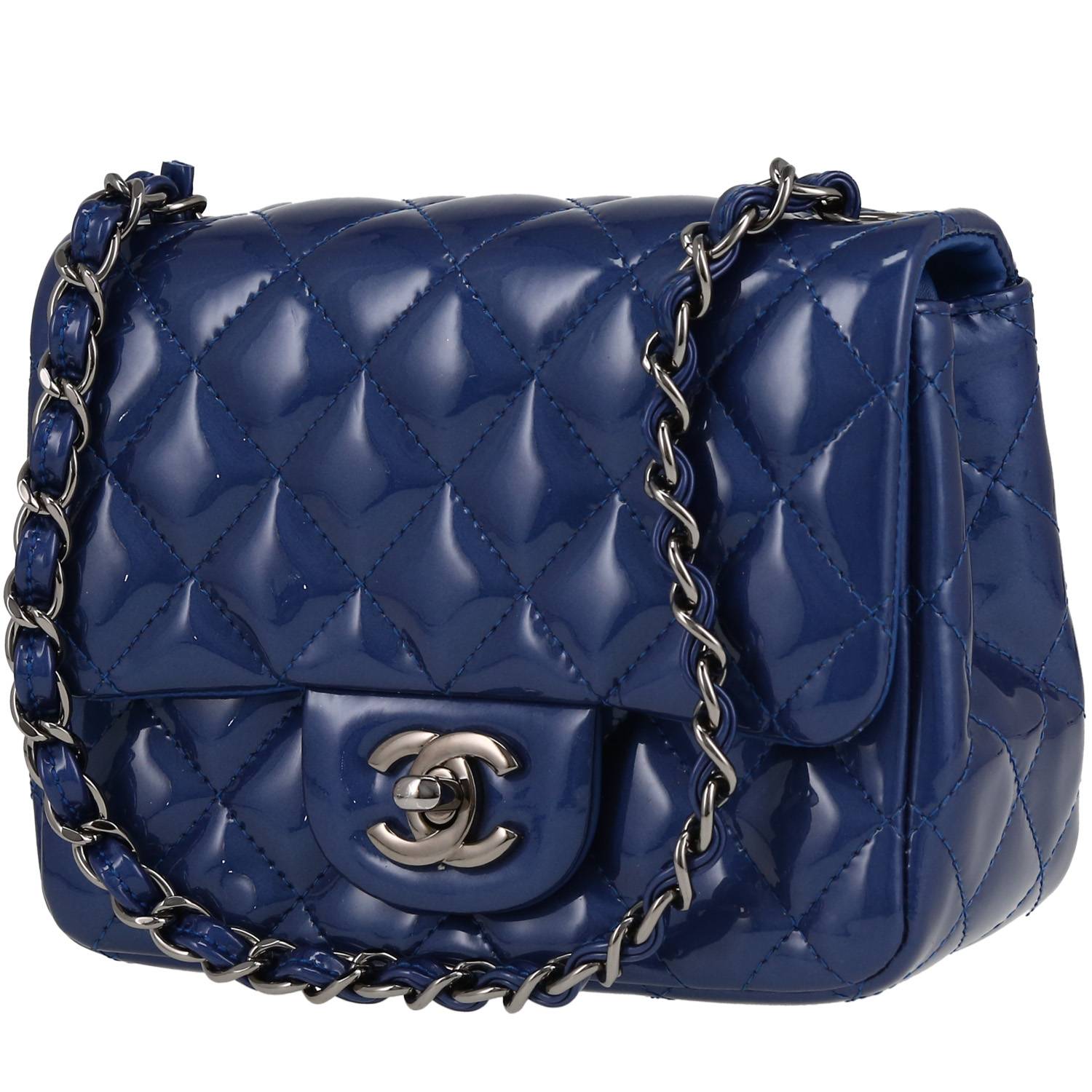 Chanel  Mini Carré handbag  in blue patent quilted leather - 00pp