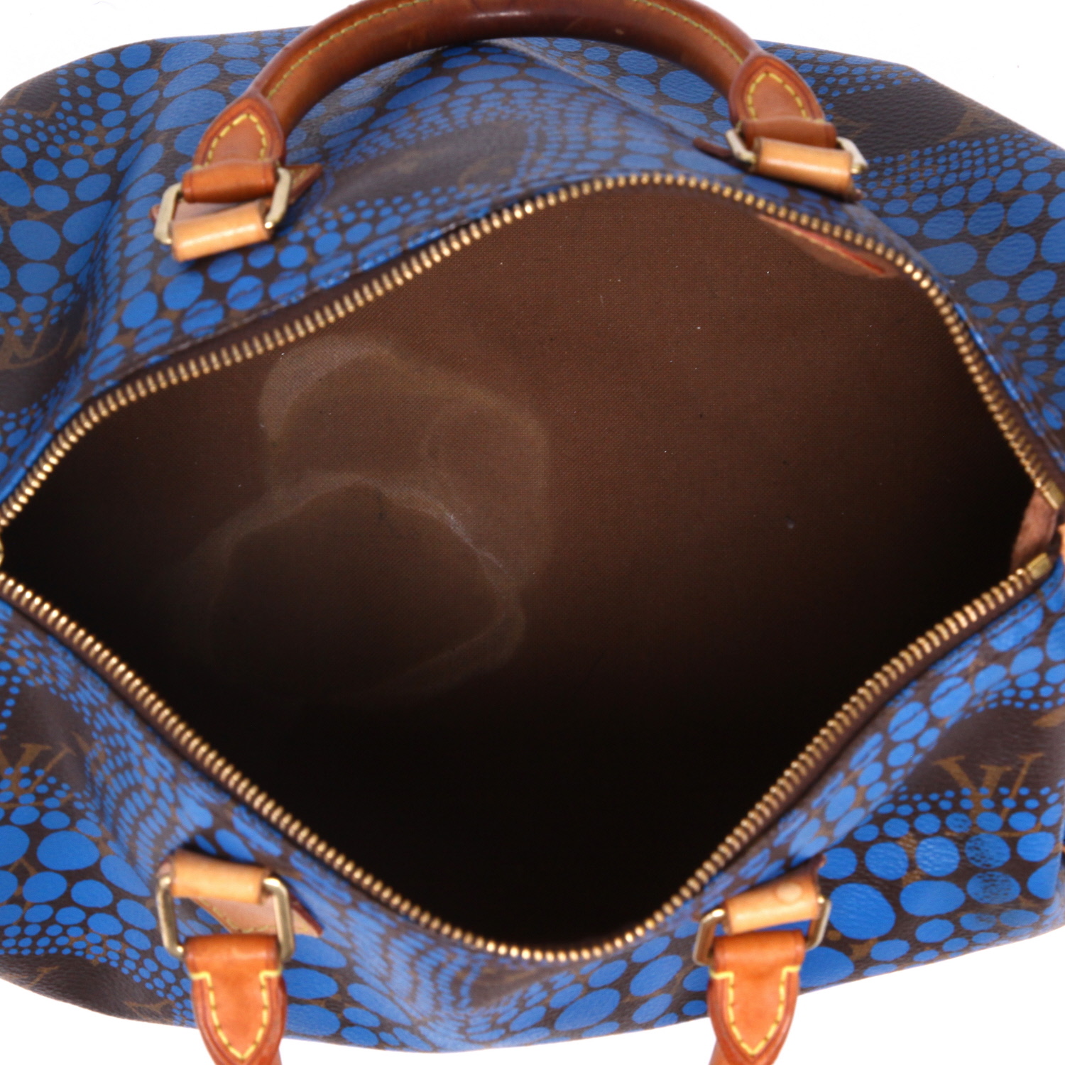 Sac à main Louis Vuitton  Speedy Editions Limitées Yayoi Kusama en toile monogram enduite marron et bleue et cuir naturel - Detail D3