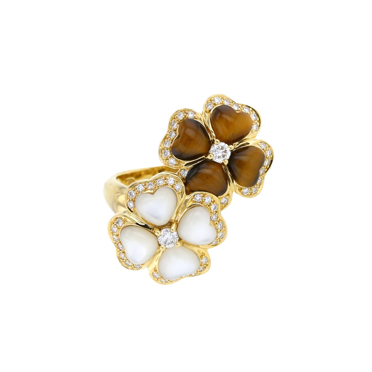 Bague Vintage  en or jaune, nacre, oeil de tigre et diamants