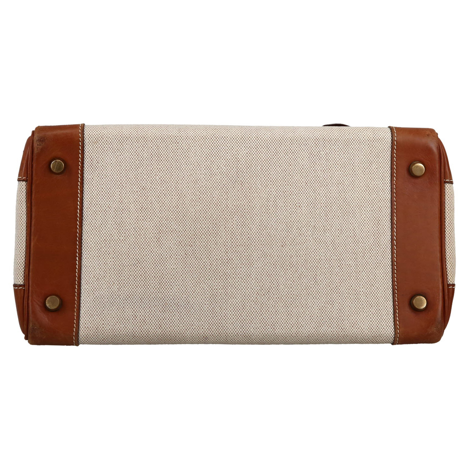 Sac à main Hermès  Haut à Courroies en cuir Barénia gold et toile beige - Detail D1