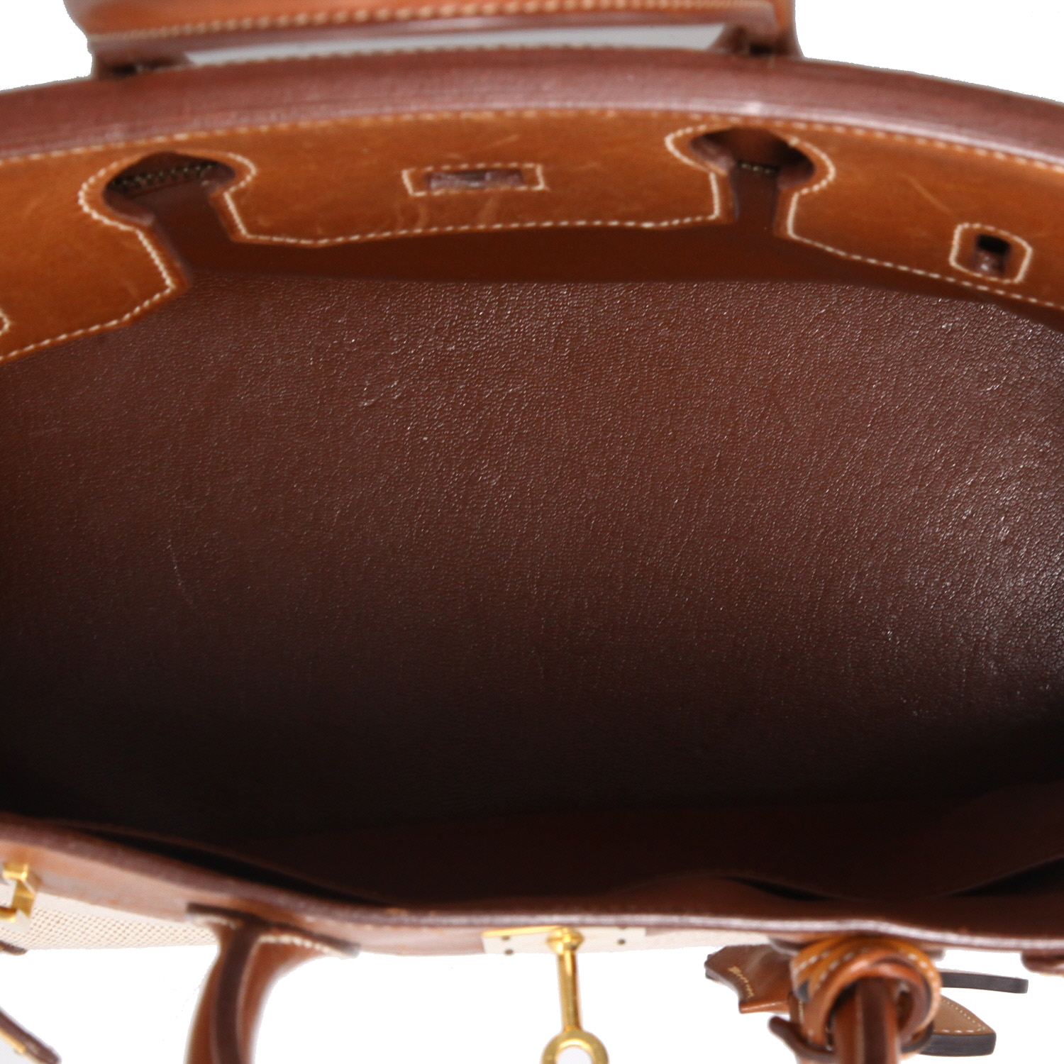 Sac à main Hermès  Haut à Courroies en cuir Barénia gold et toile beige - Detail D3