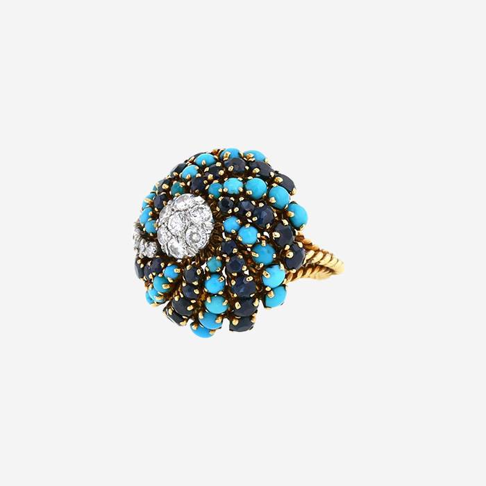 Bague années 60 Vintage en or jaune, saphirs, turquoises et diamants