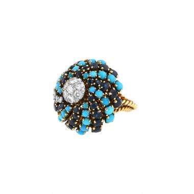 Vintage 1960's ring in yellow gold, sapphires, turquoise and diamonds