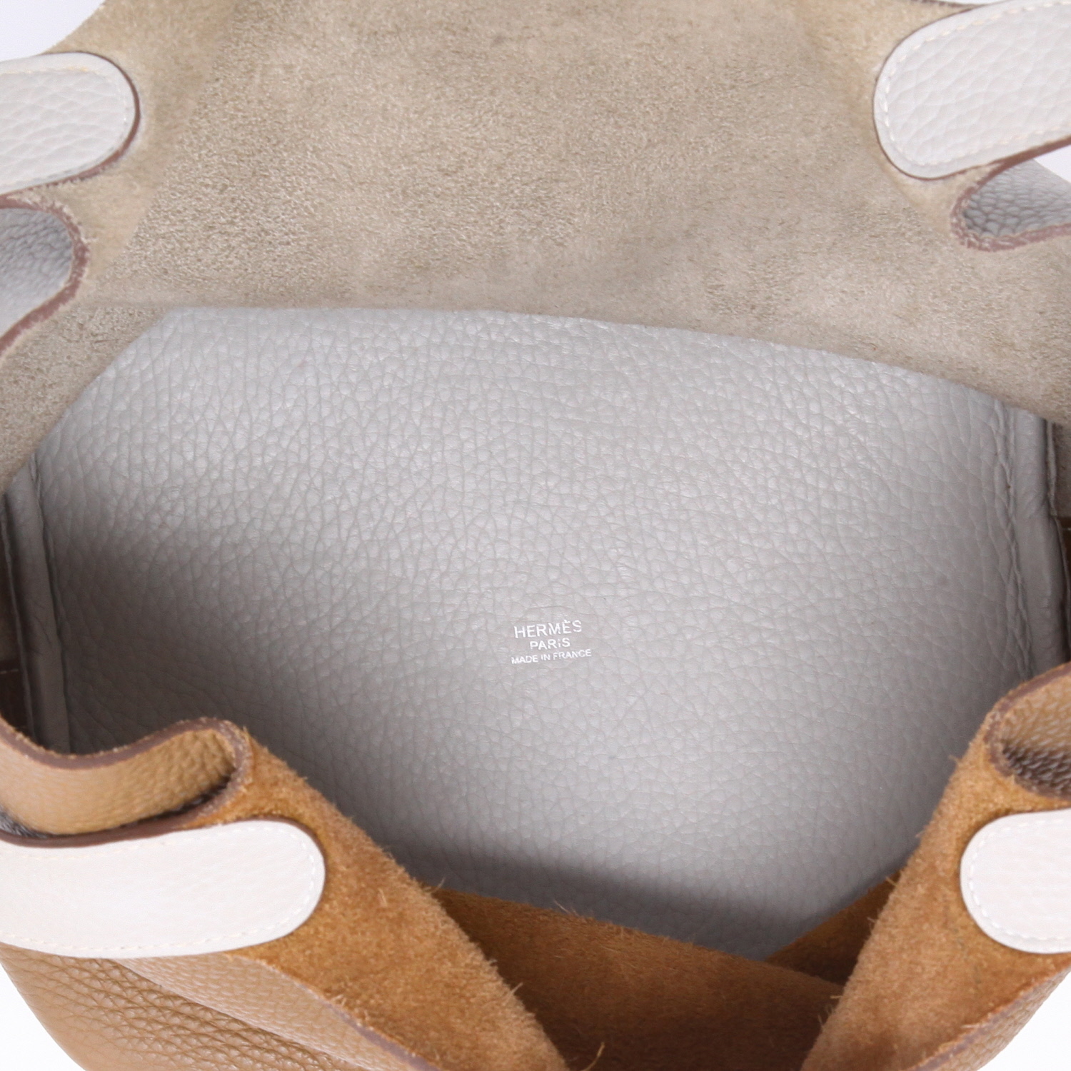 Bolso de mano Hermès  Picotin Lock en cuero togo Gris Perle y Kraft - Detail D3