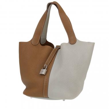 Bolso de mano Hermès  Picotin Lock en cuero togo Gris Perle y Kraft