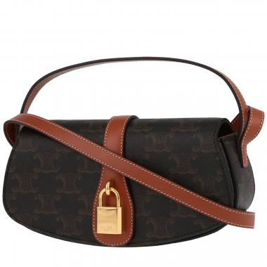 Celine  Tabou medium model  shoulder bag  "Triomphe" canvas  and brown leather