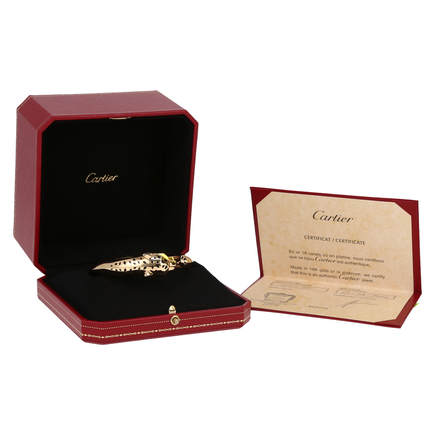 Bracelet ouvrant Cartier Panthère en or jaune, laque noir et tsavorites