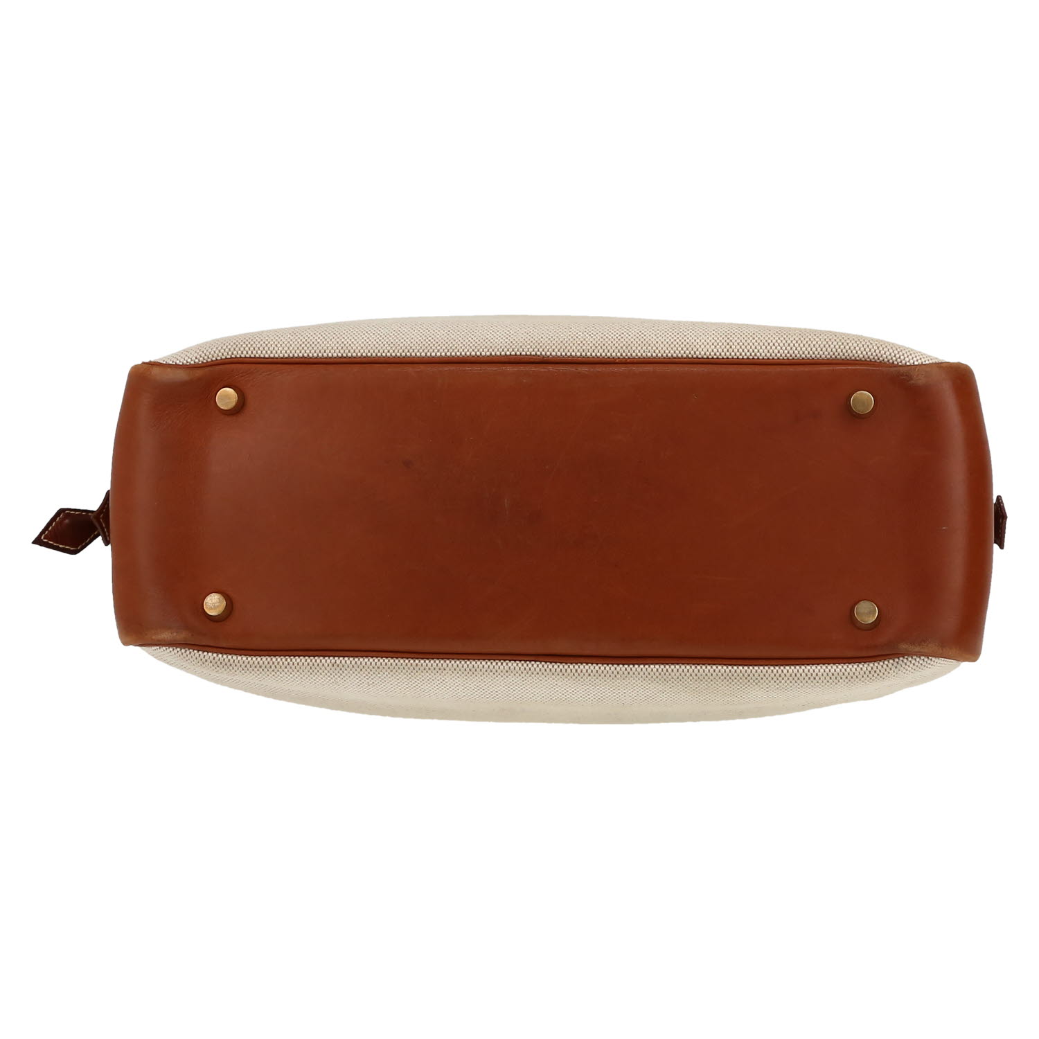 Hermès  Plume handbag  in gold Barenia leather  and beige canvas - Detail D1