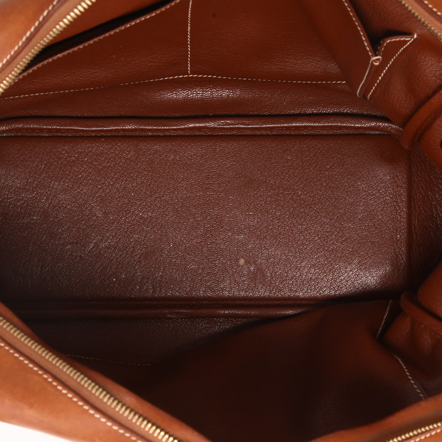 Bolso de mano Hermès  Plume en cuero Barenia color oro y lona beige - Detail D3