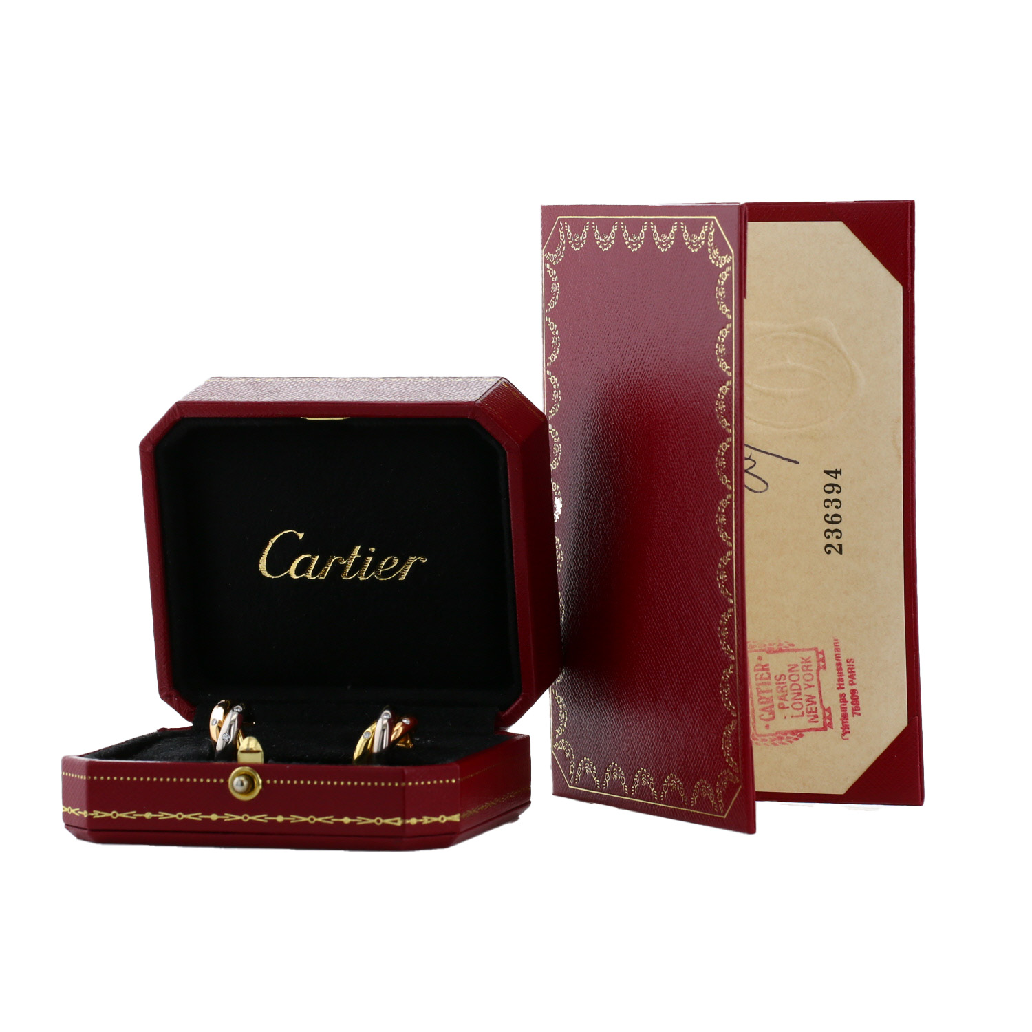 Pendientes con clip Cartier Trinity modelo mediano de 3 oros y diamantes - Detail D2