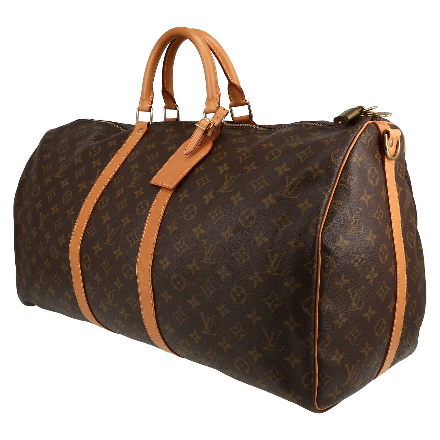Sac de voyage Louis Vuitton  Keepall 55 en toile monogram marron et cuir naturel - Detail D2