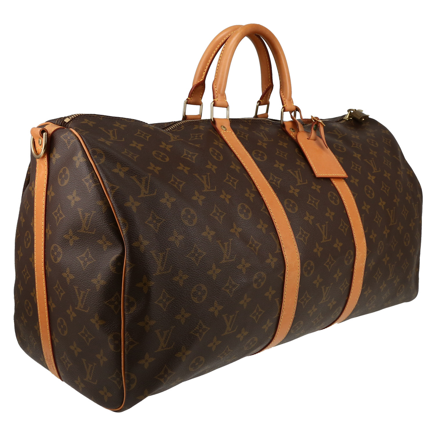 Bolsa de viaje Louis Vuitton  Keepall 55 en lona Monogram marrón y cuero natural - Detail D3