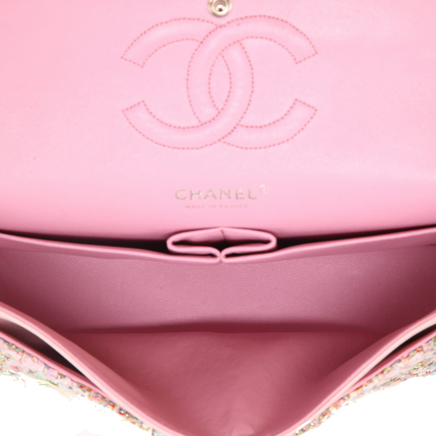 Sac à main Chanel  Timeless en tweed bleu vert et rose - Detail D3