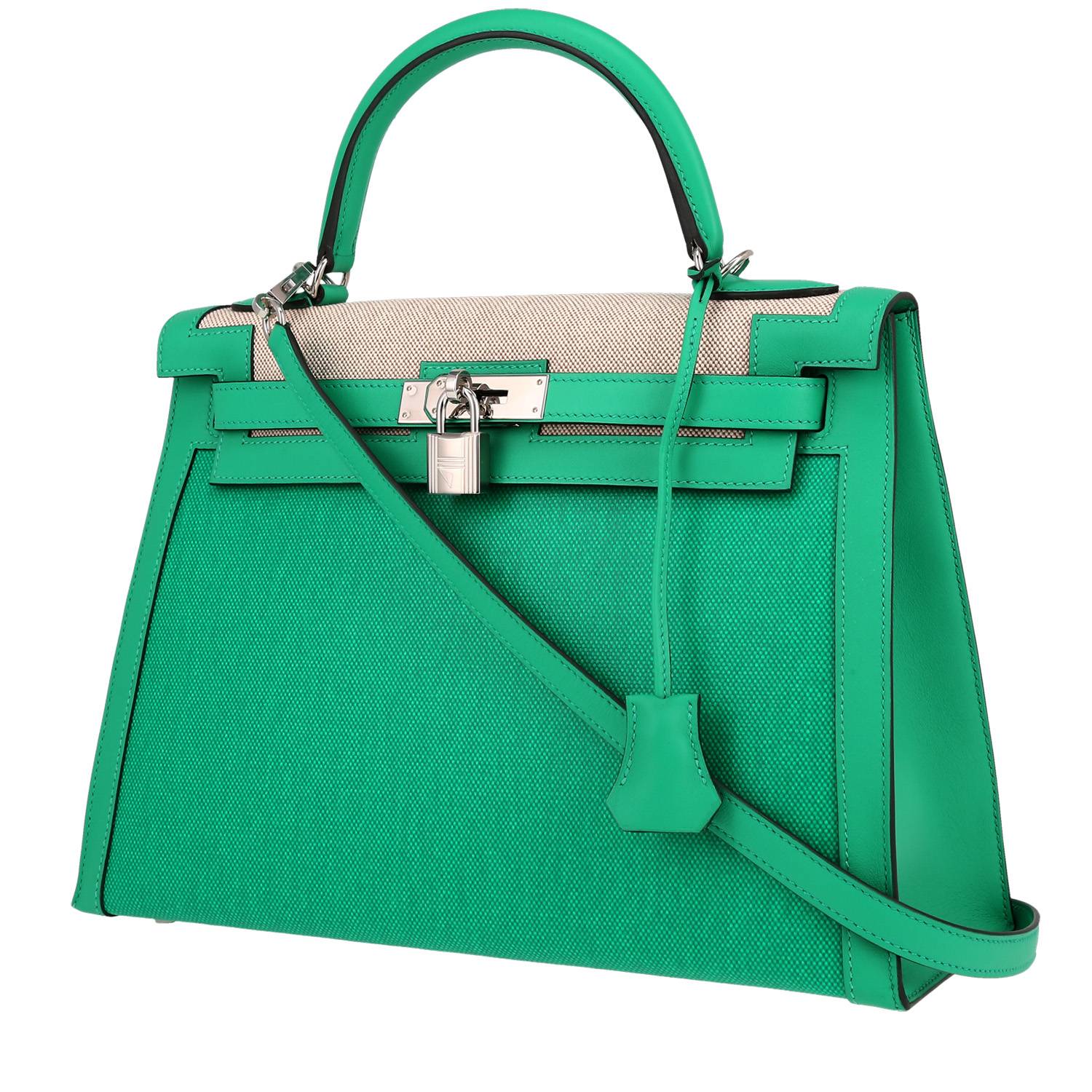 Hermès Kelly 32 cm handbag in green and beige "H" canvas and green leather