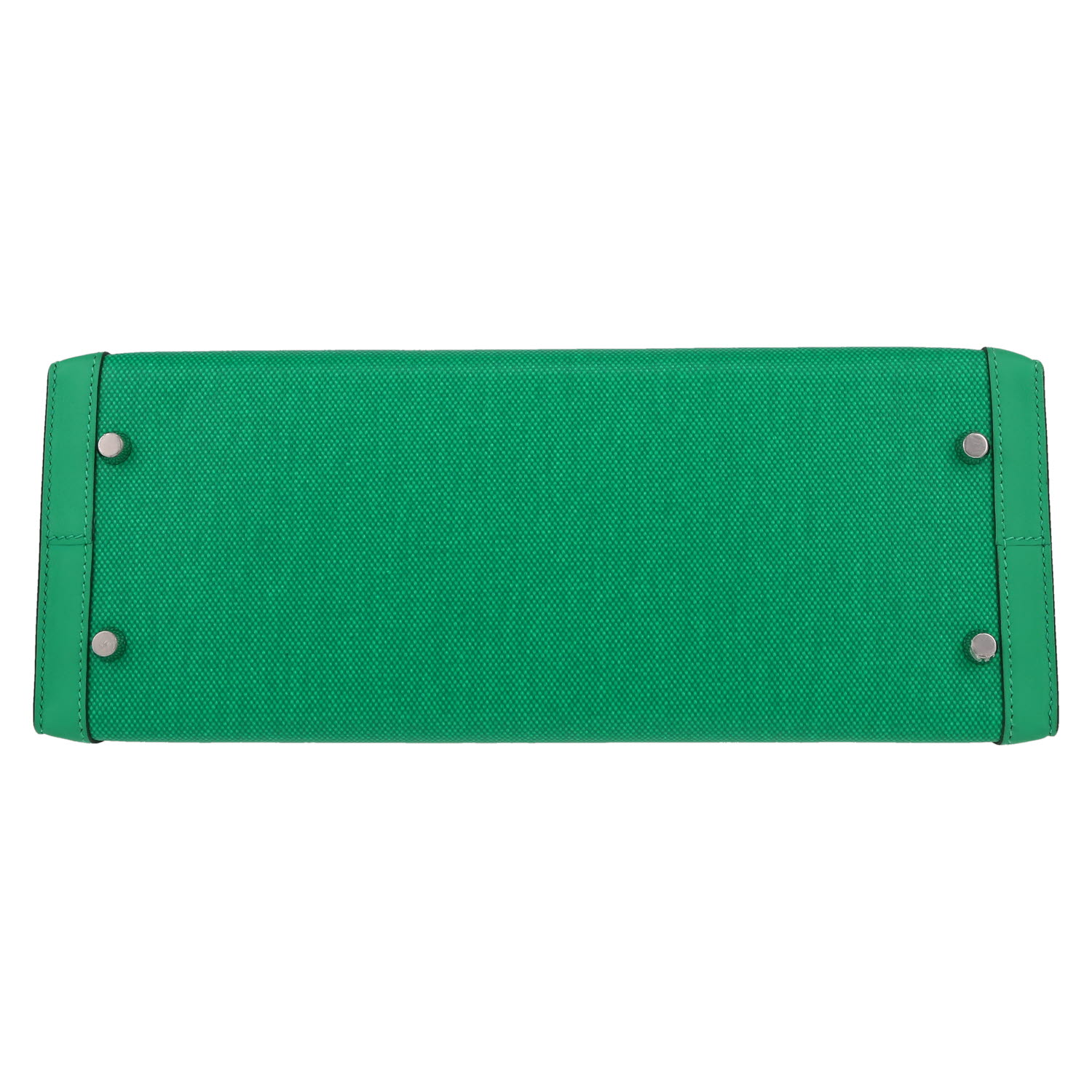 Hermès  Kelly 32 cm handbag  in green and beige "H" canvas  and green leather - Detail D1