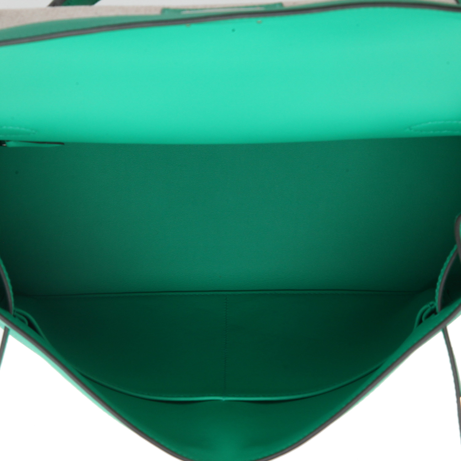Sac à main Hermès  Kelly 32 cm en toile H verte et beige et cuir vert - Detail D3