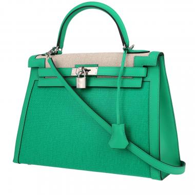 Bolso de mano Hermès  Kelly 32 cm en tejido "H" verde y beige y cuero verde