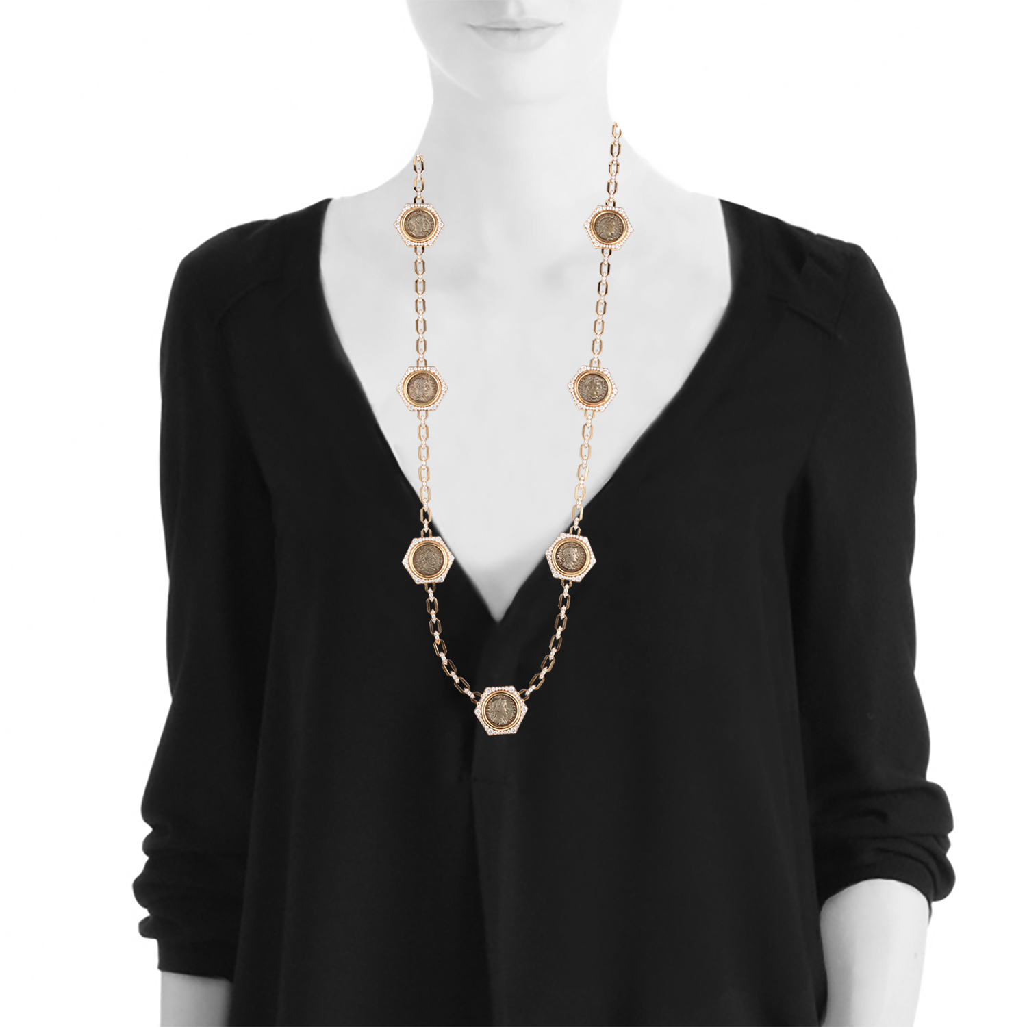 Collana lunga Bulgari Monete Alta gioielleria in oro rosa, argento e diamanti - Detail D1