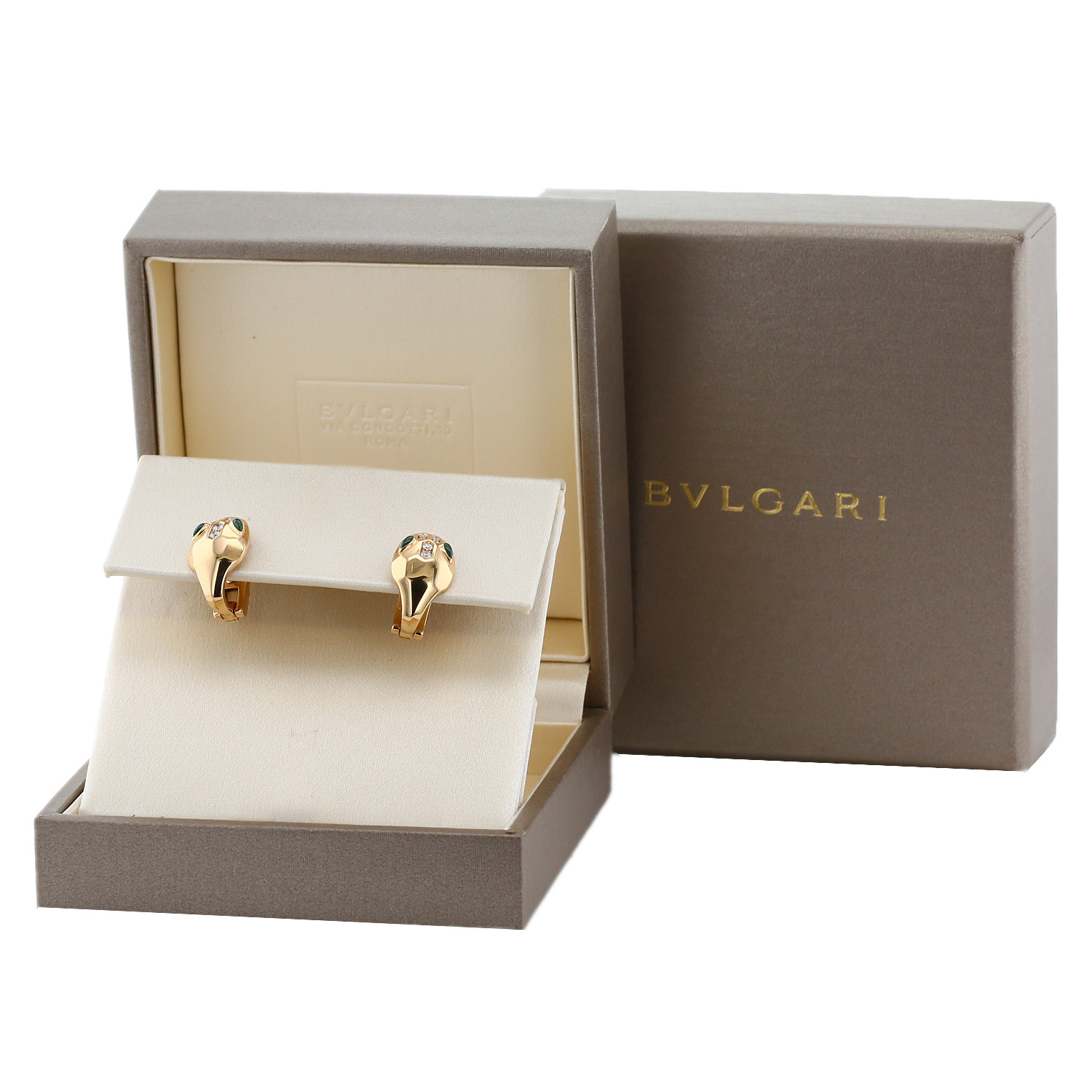 Paire de boucles d'oreilles Bulgari Serpenti en or rose, diamants et malachite - Detail D2