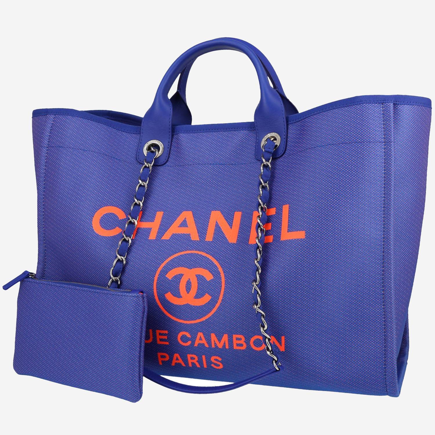 Borsa shopping Chanel Deauville in tela spalmata blu elettrico e Orange con dettagli in pelle blu elettrico