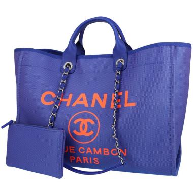 Bolso tipo cabas Chanel «Deauville» de lona recubierta en azul eléctrico y Orange, con detalles de piel en azul eléctrico