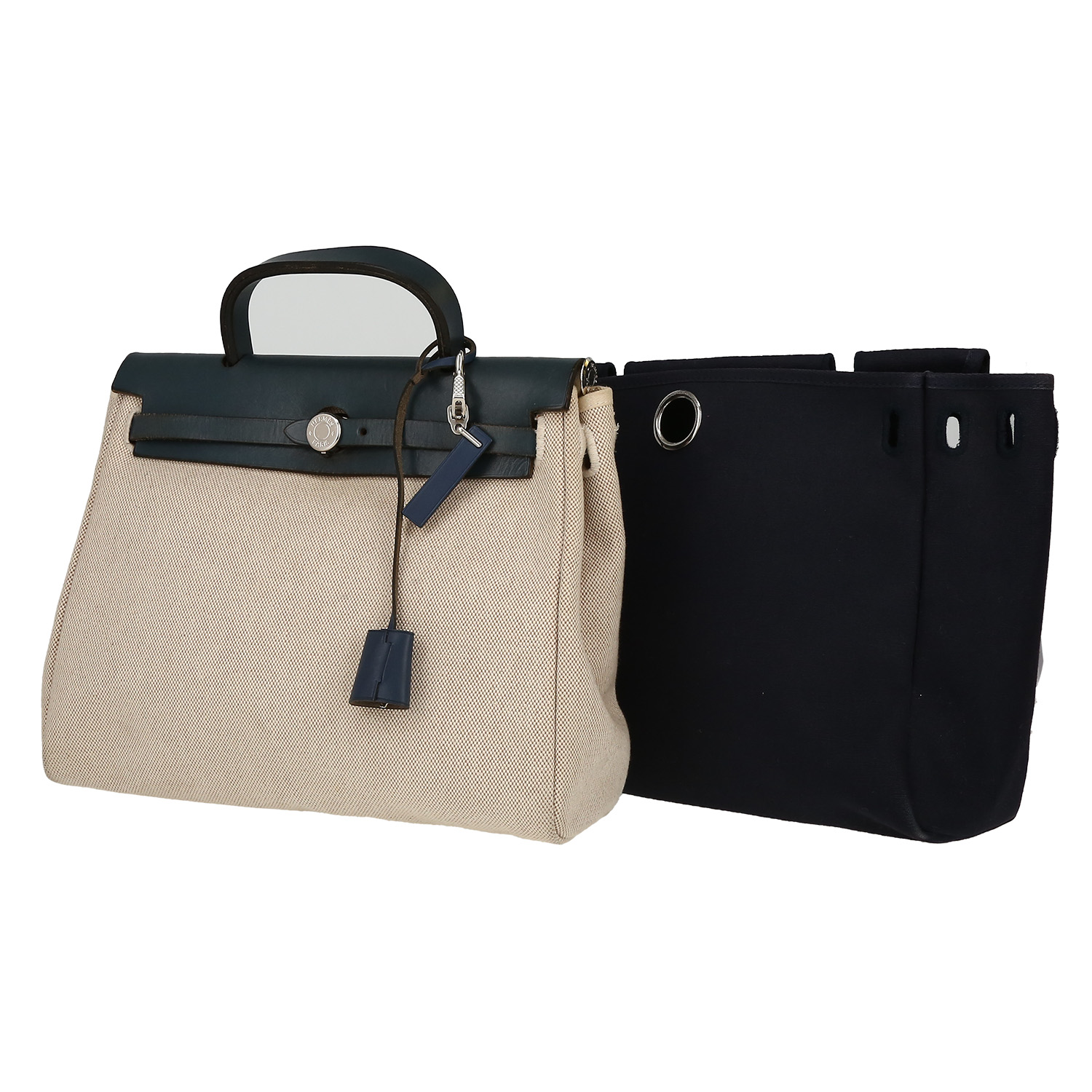 Borsa a tracolla Hermès  Herbag in tela beige e mucca Hunter nera - Detail D4