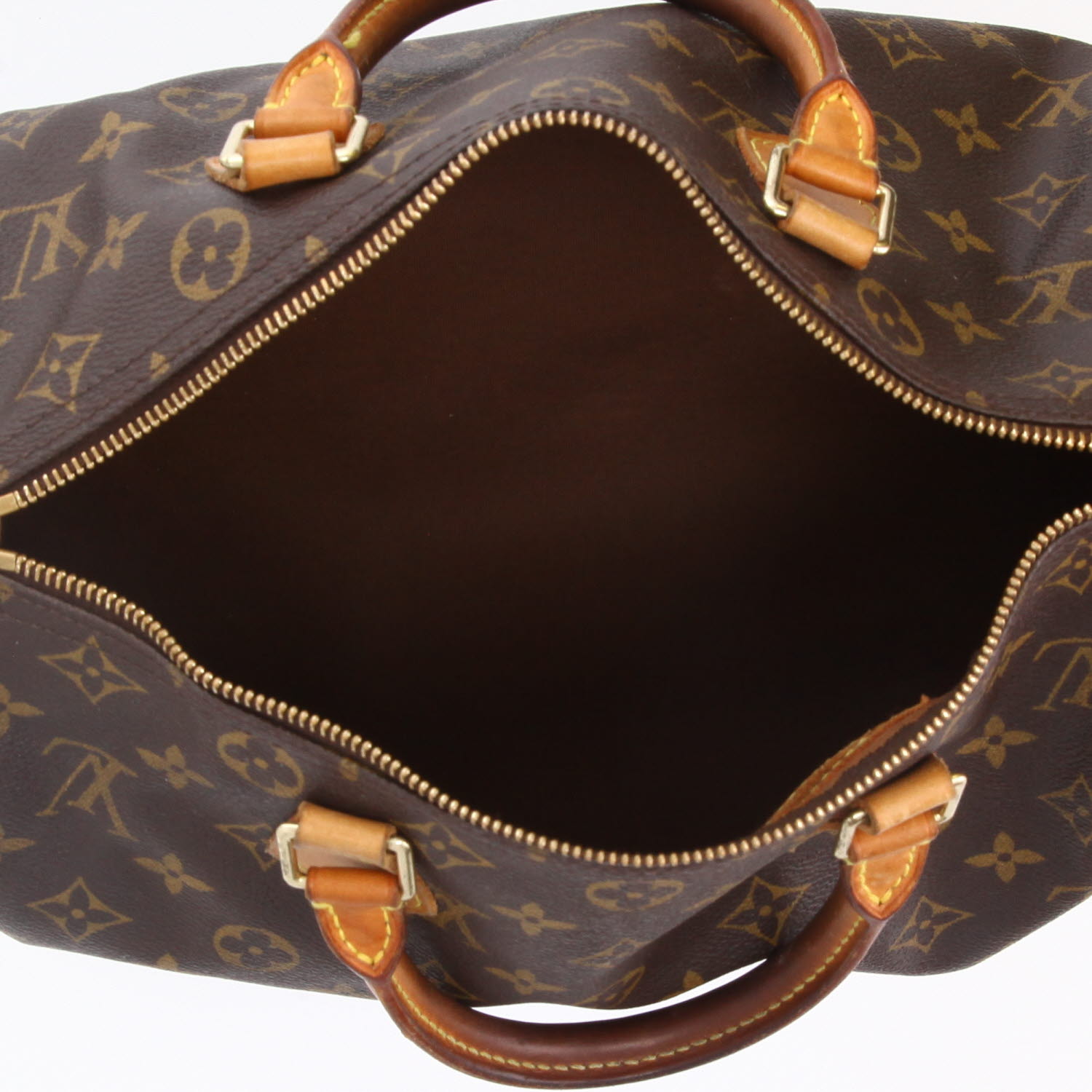 Bolso de mano Louis Vuitton  Speedy 30 en lona Monogram marrón y cuero natural - Detail D3