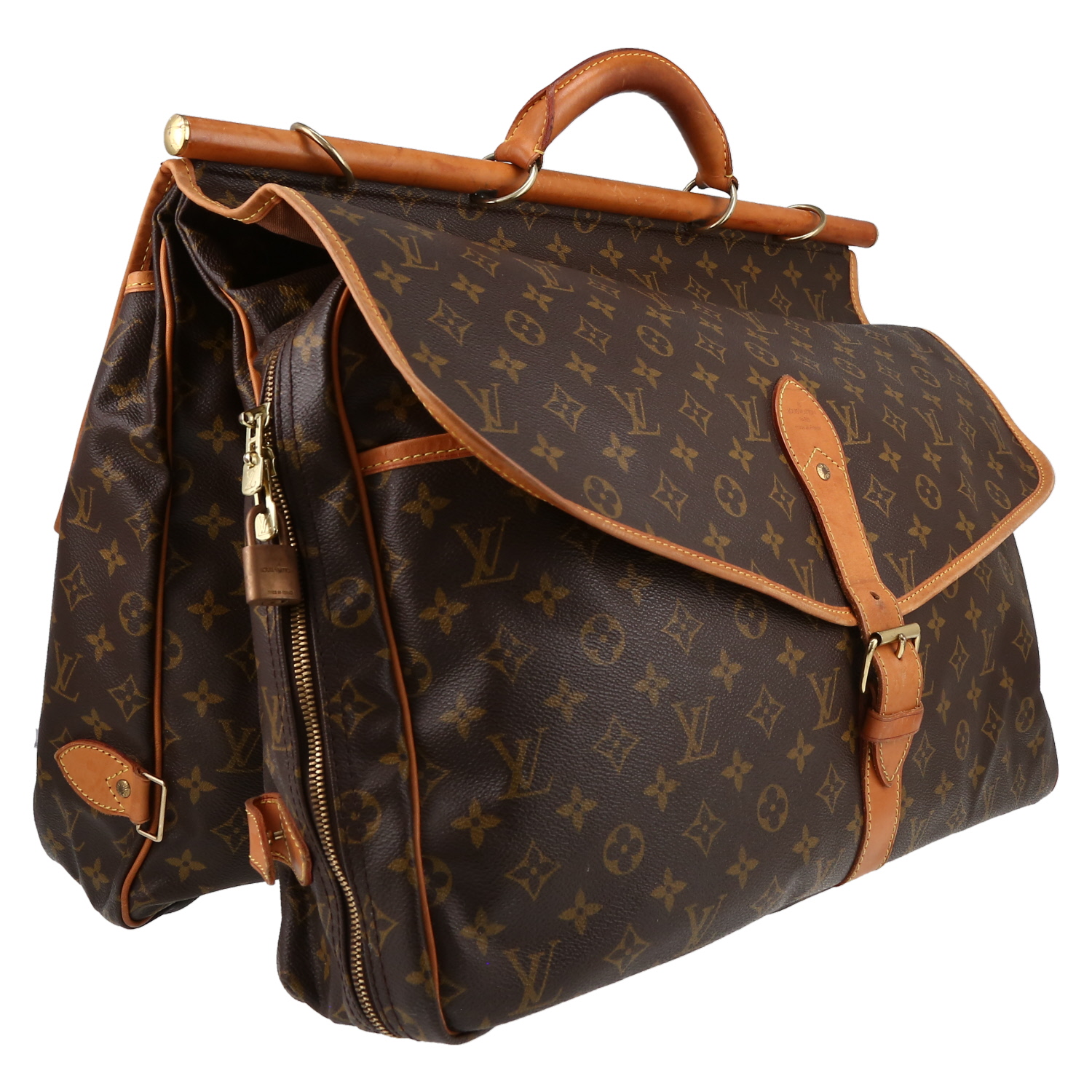 Louis Vuitton Sac de chasse weekend bag in brown monogram canvas and natural leather - Detail D3