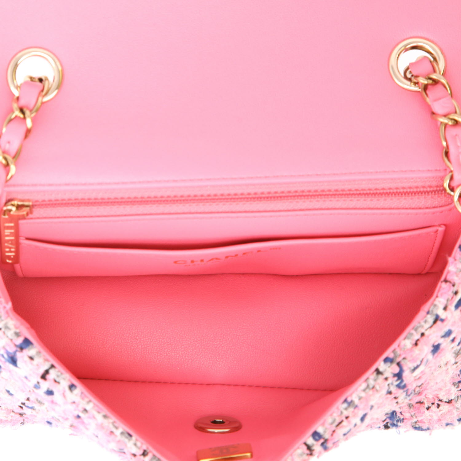 Bolso bandolera Chanel  Mini Timeless en tweed rosa azul y blanco - Detail D3