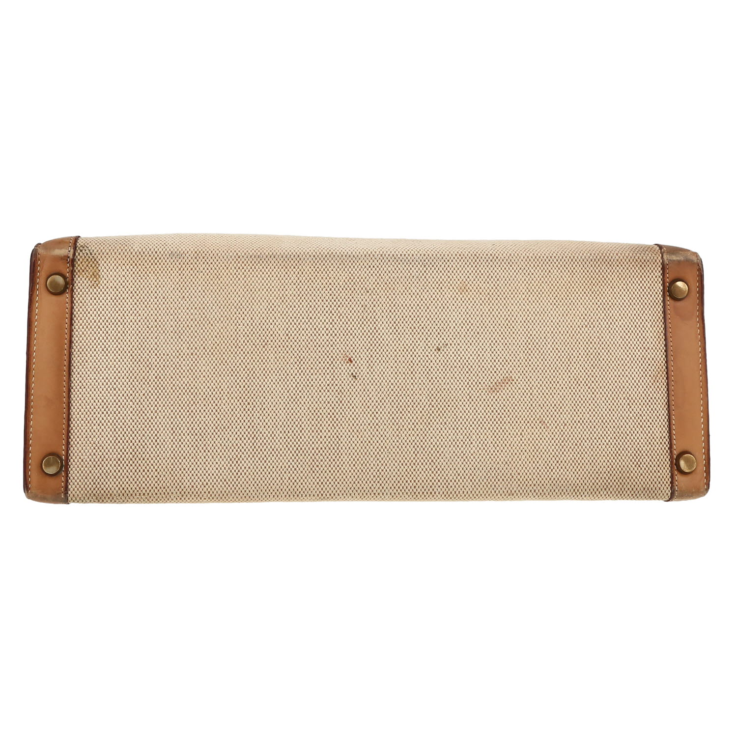 Hermès  Kelly 32 cm handbag  in beige canvas  and gold leather - Detail D1