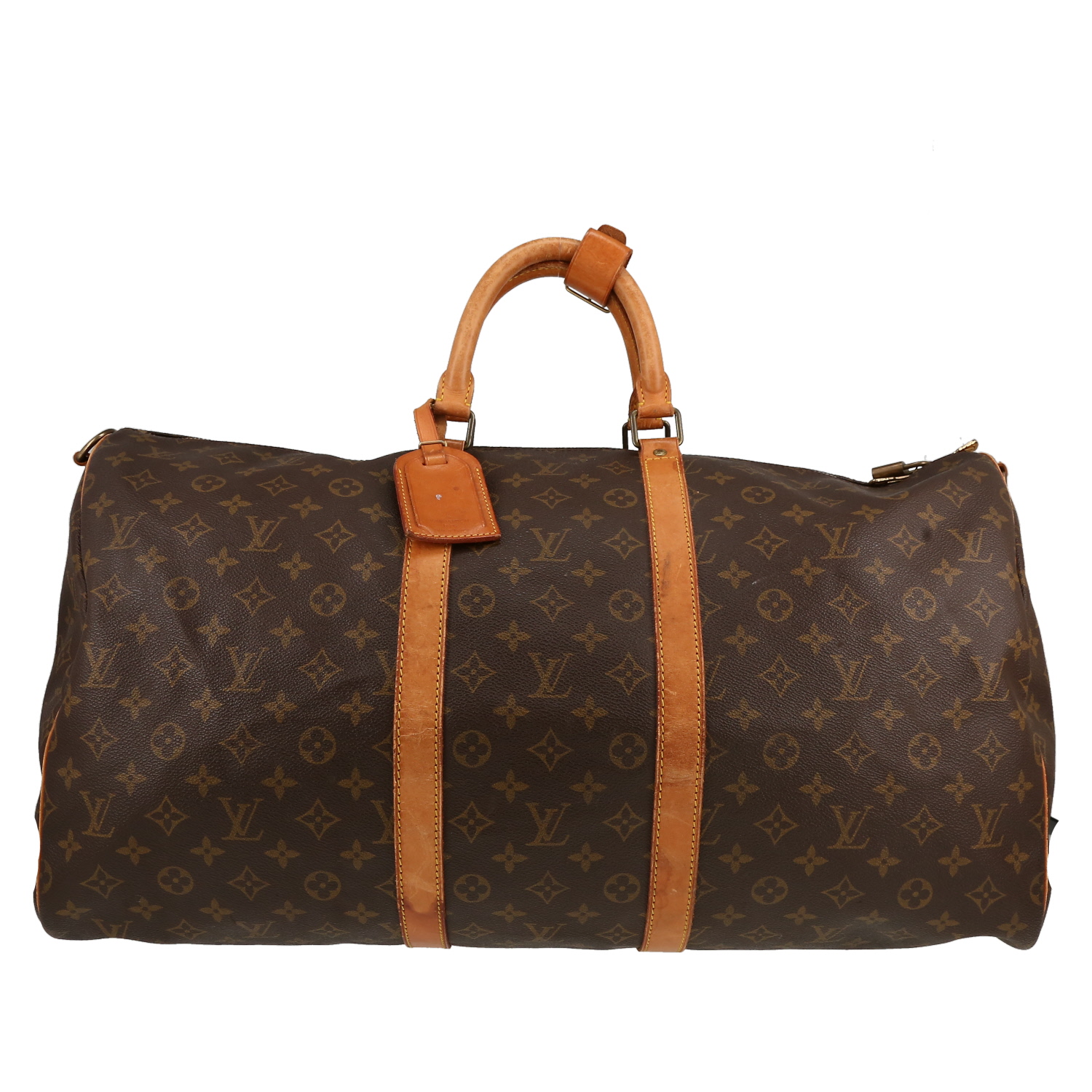 Sac de voyage Louis Vuitton  Keepall 55 en toile monogram marron et cuir naturel - Detail D1