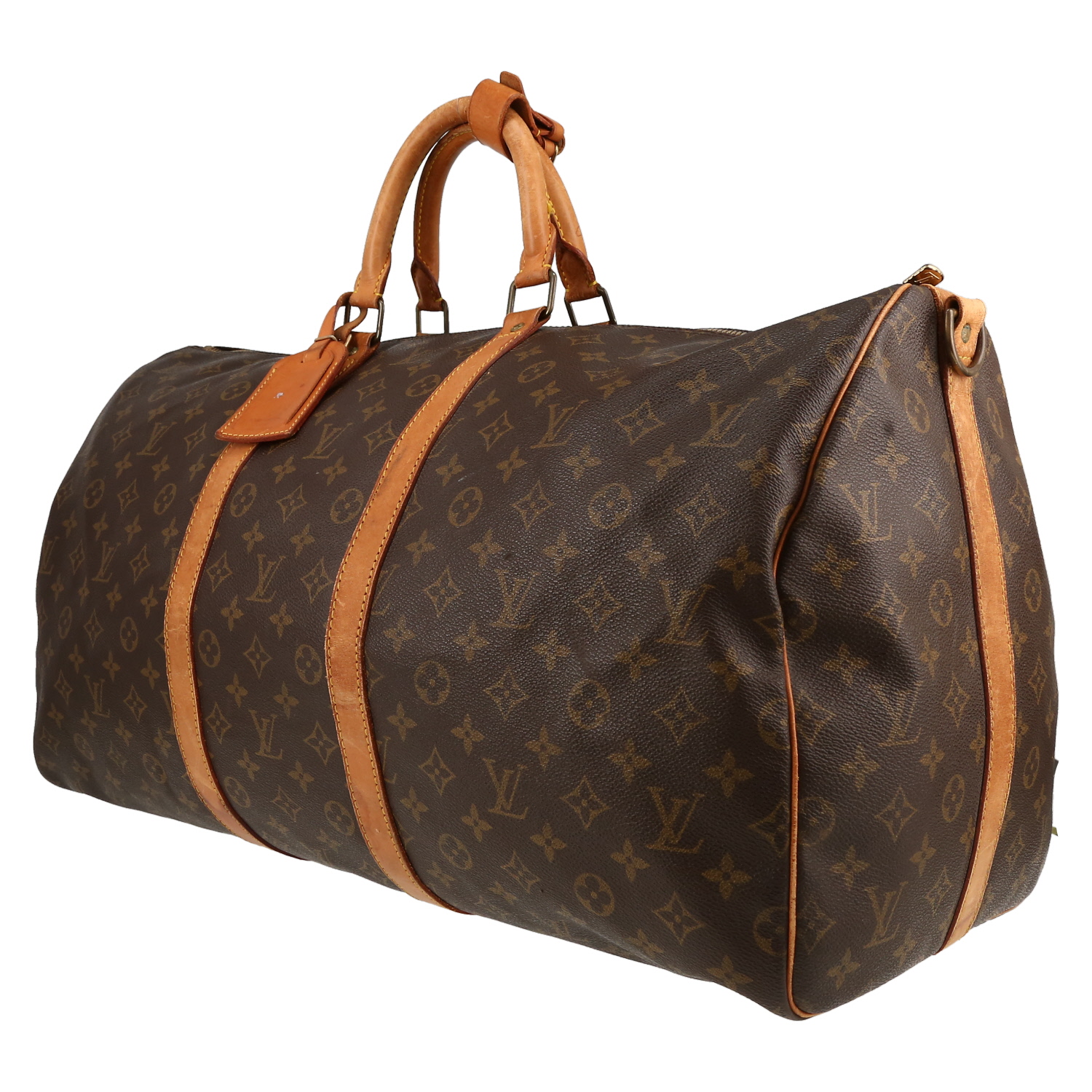 Sac de voyage Louis Vuitton  Keepall 55 en toile monogram marron et cuir naturel - Detail D2