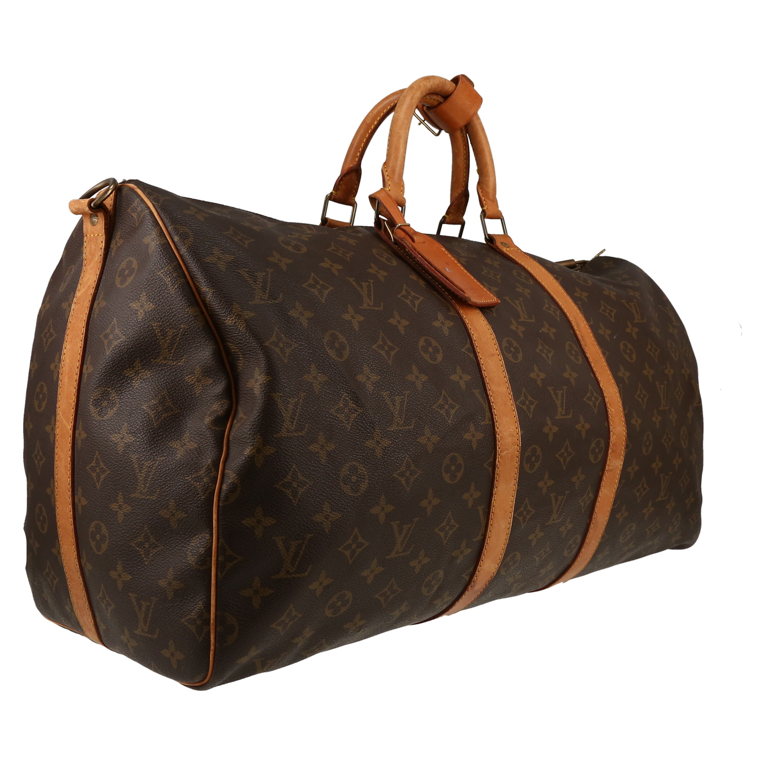 Sac de voyage Louis Vuitton  Keepall 55 en toile monogram marron et cuir naturel - Detail D3