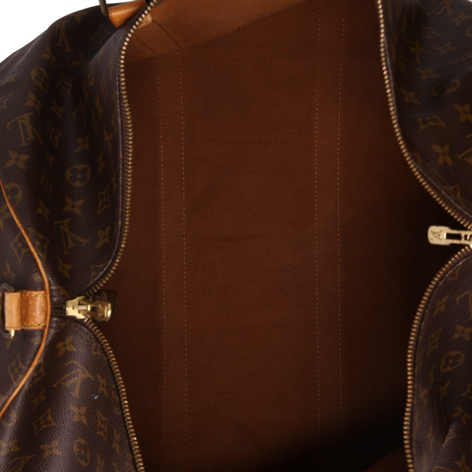 Sac de voyage Louis Vuitton  Keepall 55 en toile monogram marron et cuir naturel - Detail D7