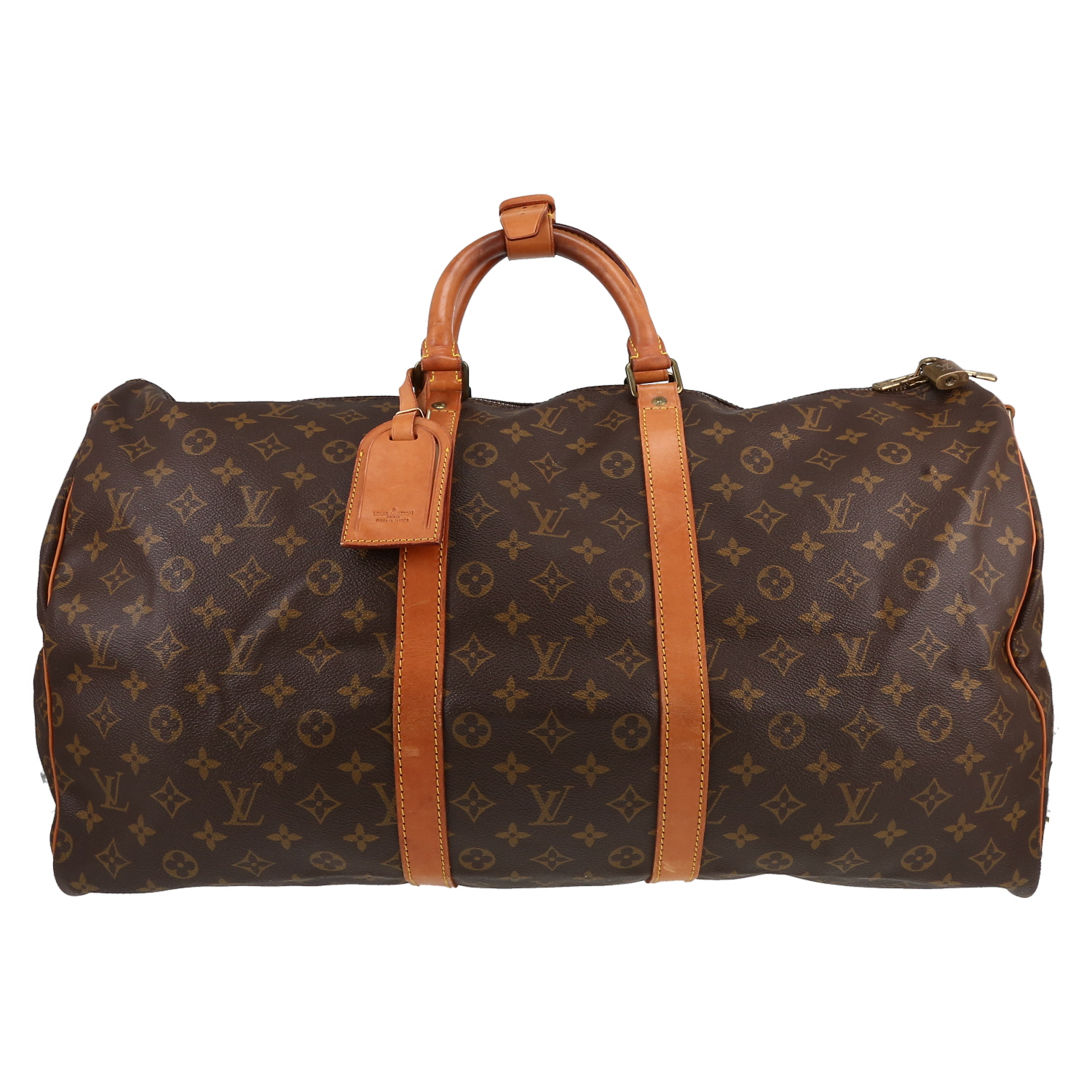 Bolsa de viaje Louis Vuitton  Keepall 55 en lona Monogram marrón y cuero natural - Detail D1