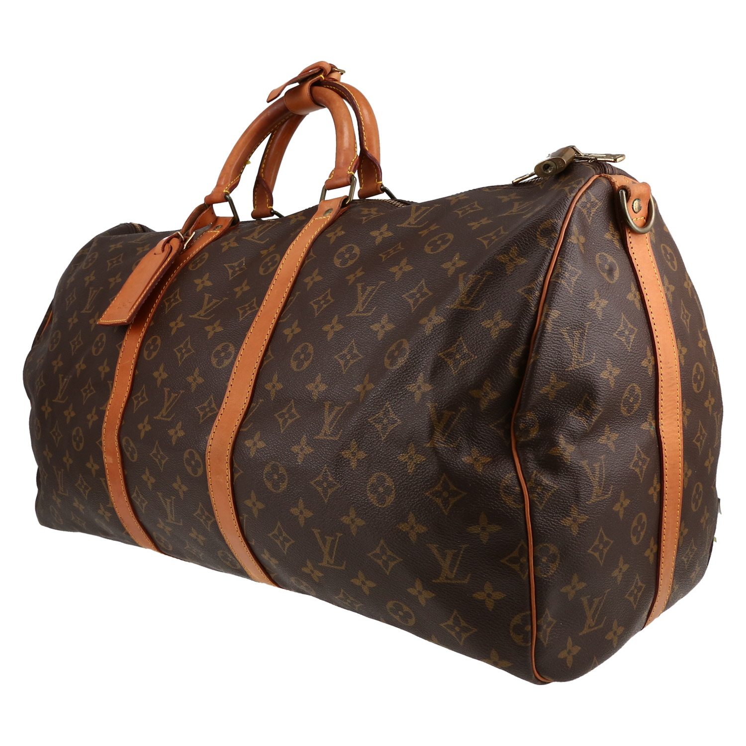 Borsa da viaggio Louis Vuitton  Keepall 55 in tela monogram marrone e pelle naturale - Detail D2