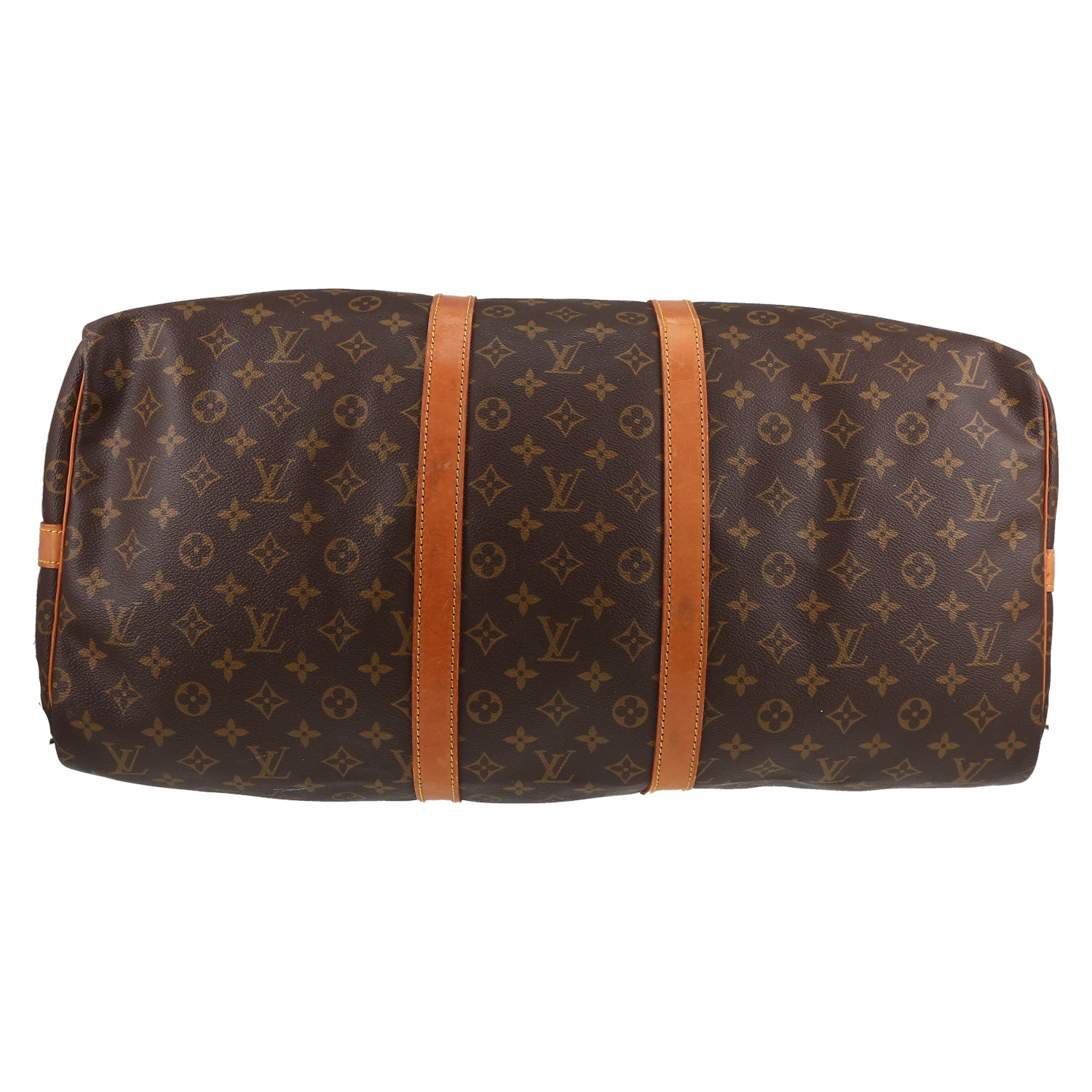 Bolsa de viaje Louis Vuitton  Keepall 55 en lona Monogram marrón y cuero natural - Detail D4