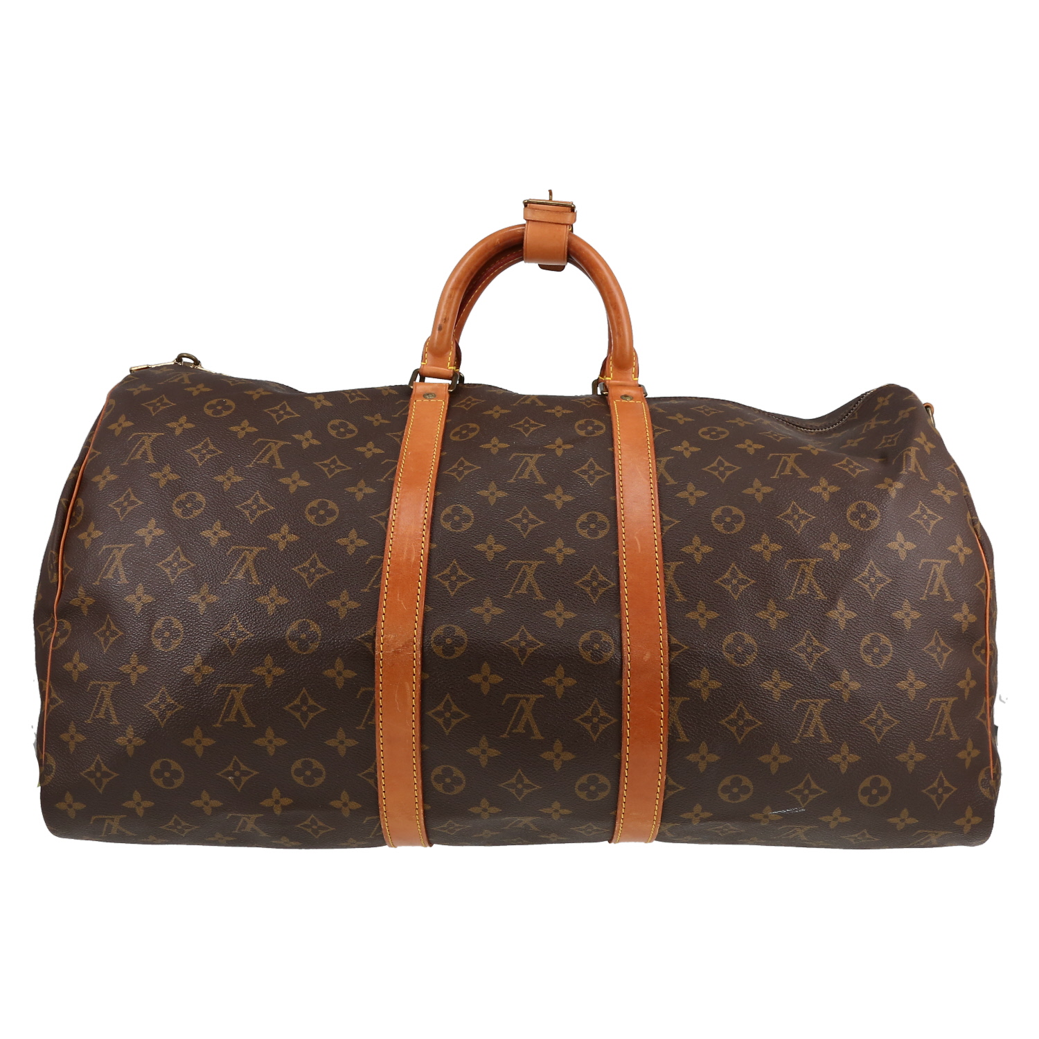 Sac de voyage Louis Vuitton  Keepall 55 en toile monogram marron et cuir naturel - Detail D5