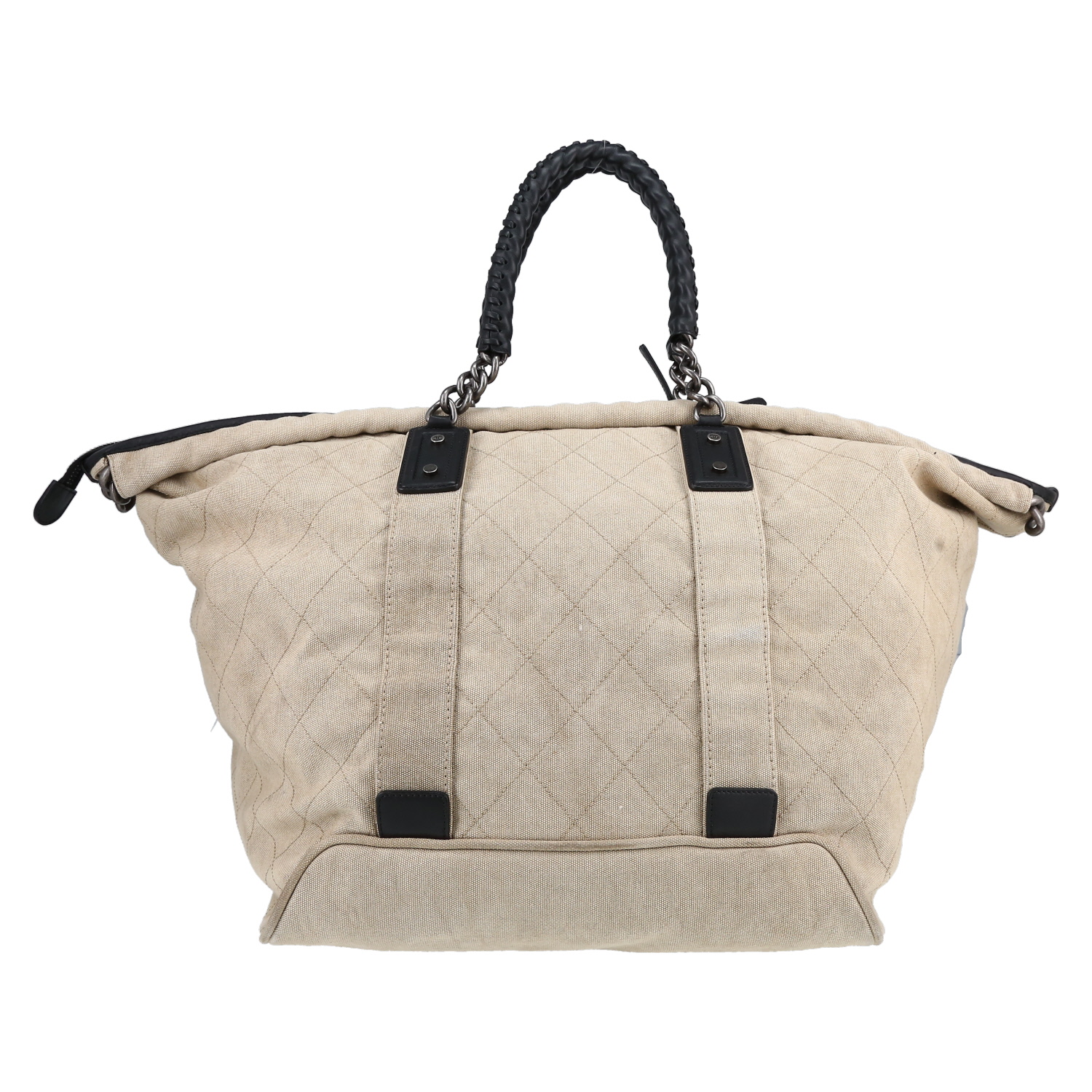 Sac cabas Chanel en toile beige et cuir noir - Detail D1