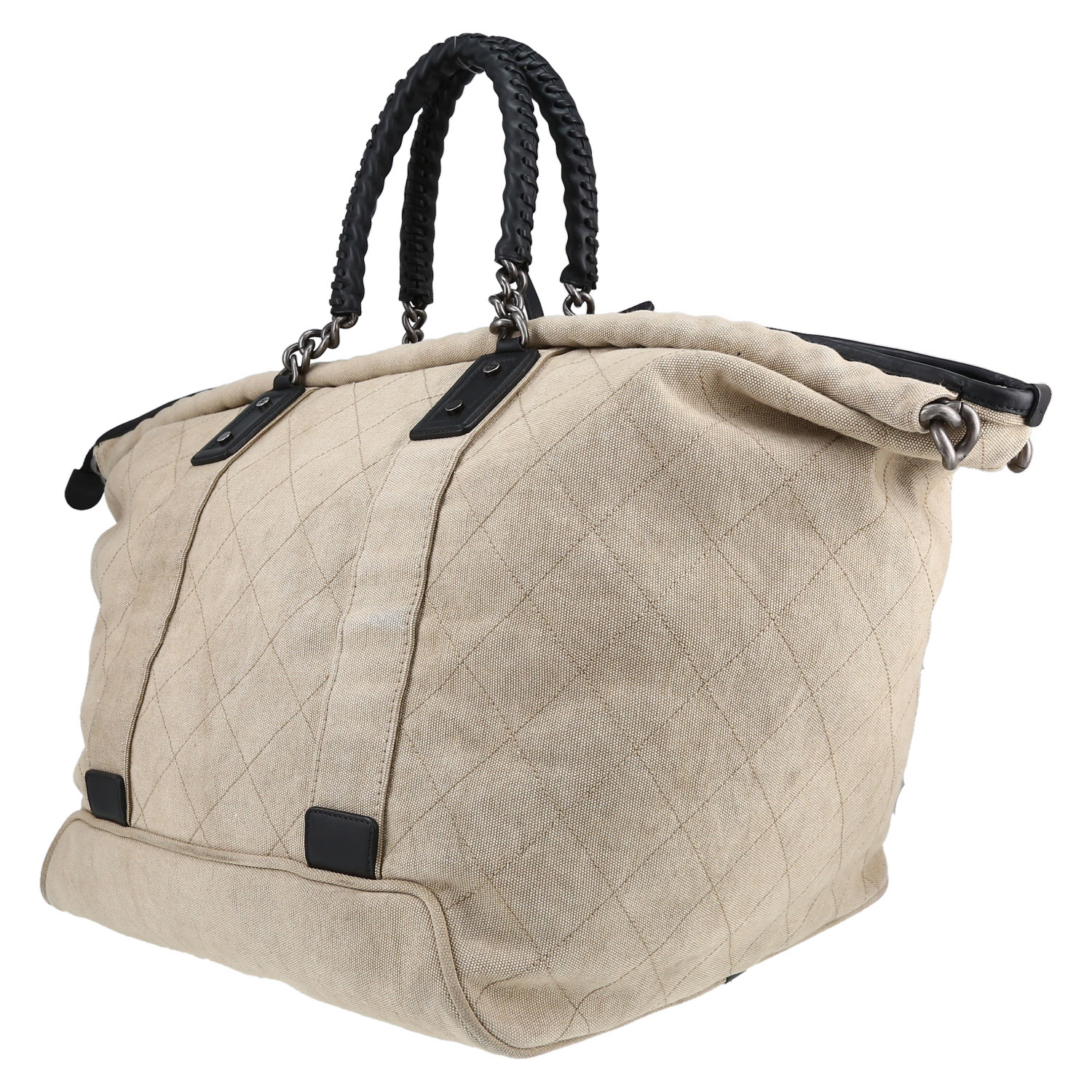 Sac cabas Chanel en toile beige et cuir noir - Detail D2