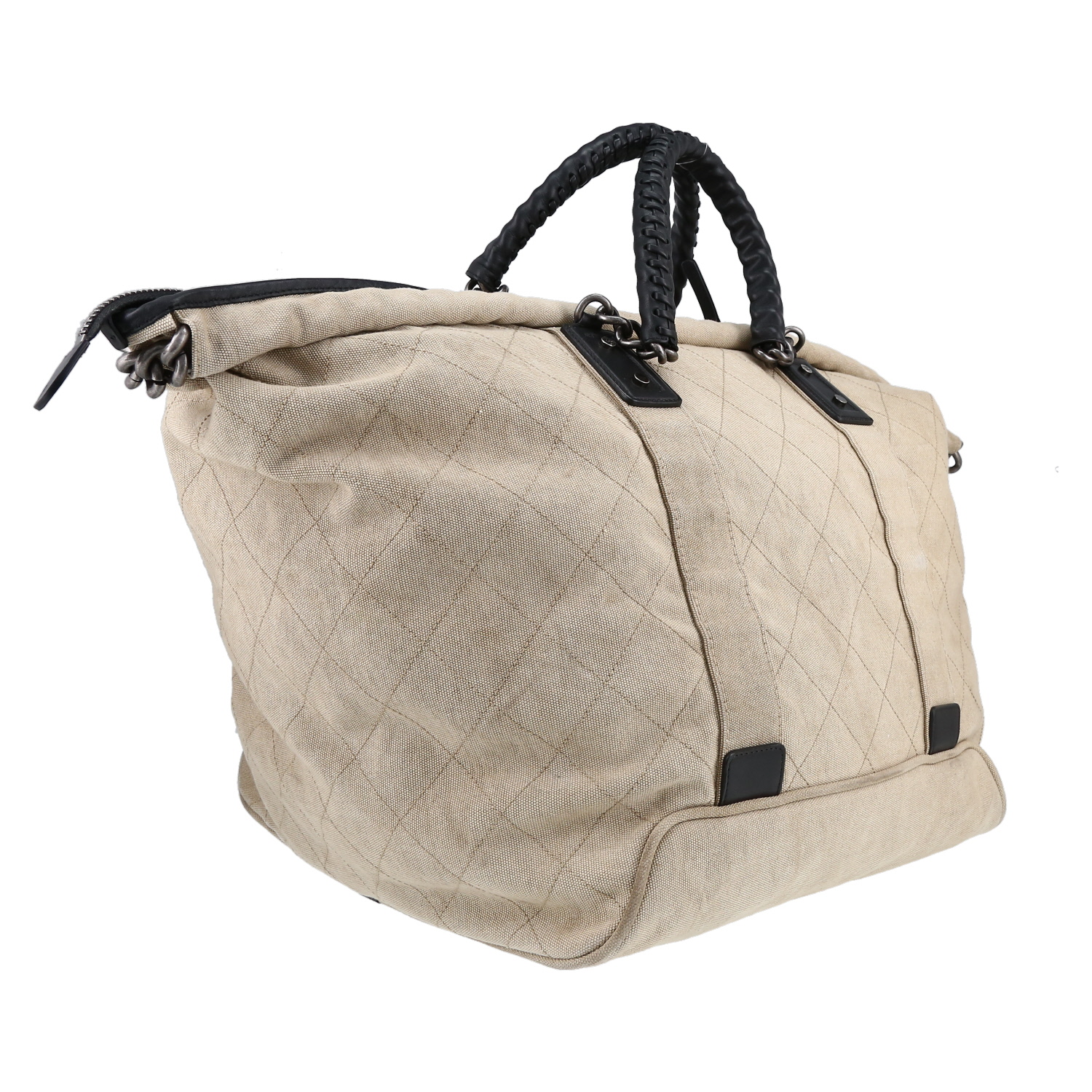 Sac cabas Chanel en toile beige et cuir noir - Detail D3