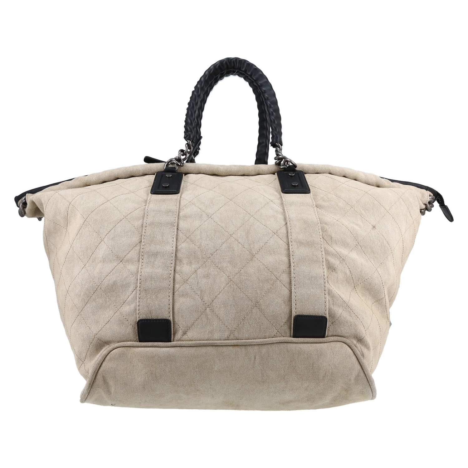 Sac cabas Chanel en toile beige et cuir noir - Detail D5