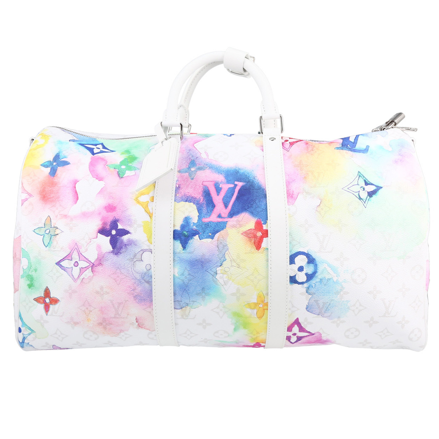 Borsa da viaggio Louis Vuitton  Keepall Editions Limitées in tela monogram multicolore e pelle bianca - Detail D1